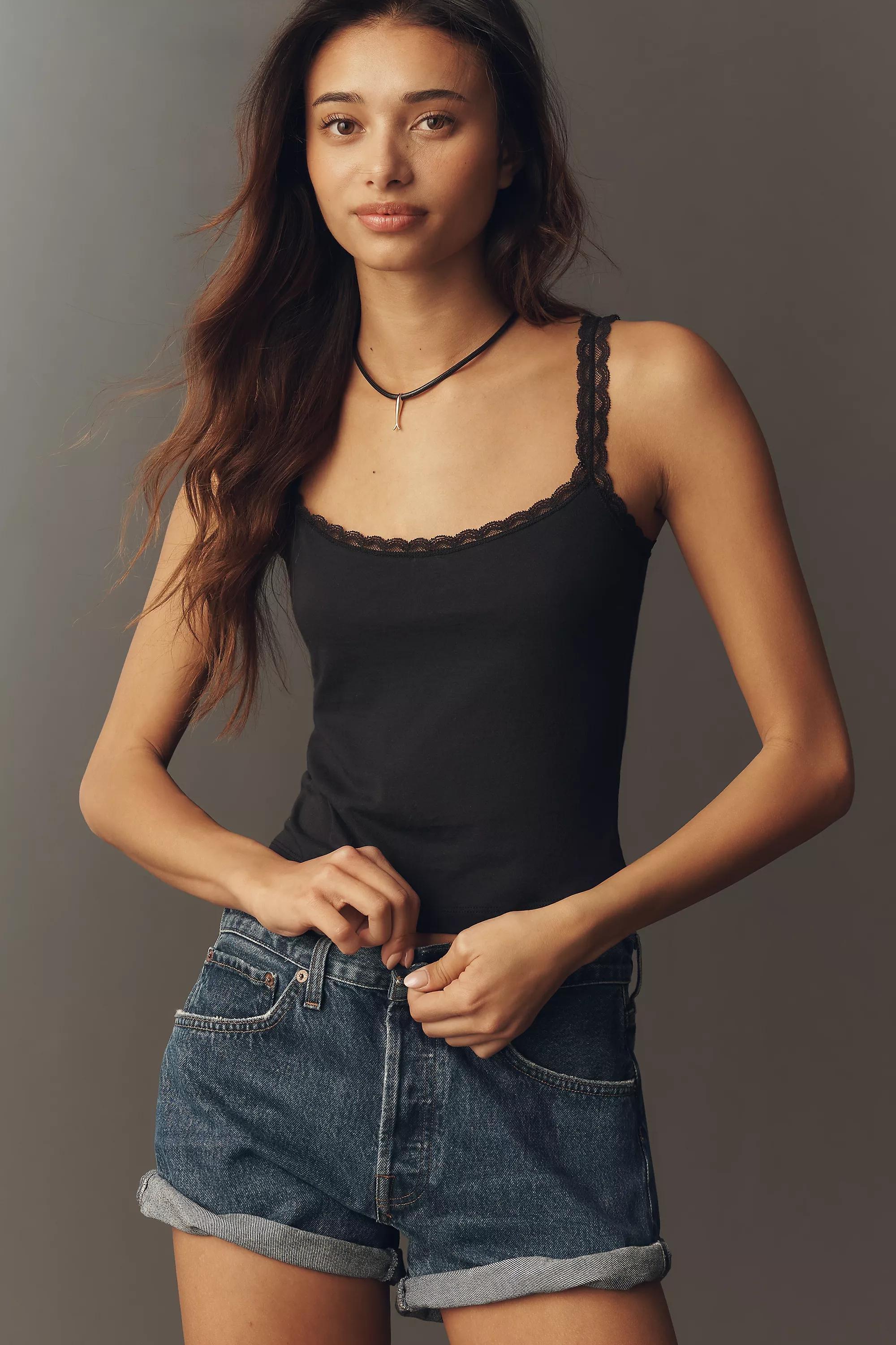 Lyrebird Lace-Trim Knit Tank Top, Black, Black, medium