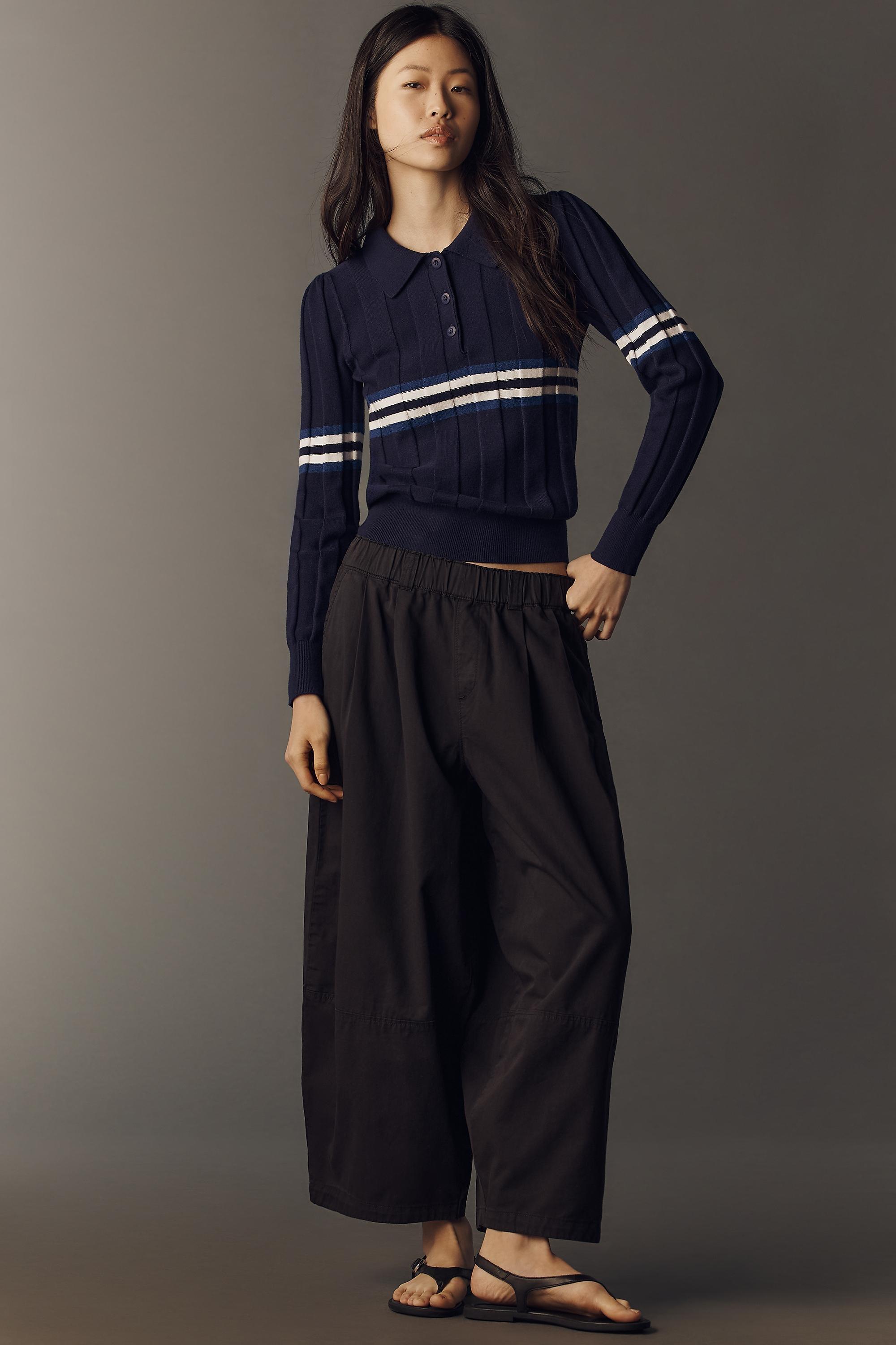 By Maeve Cotton-Linen Barrel Trousers, Black, Black, large image number 0