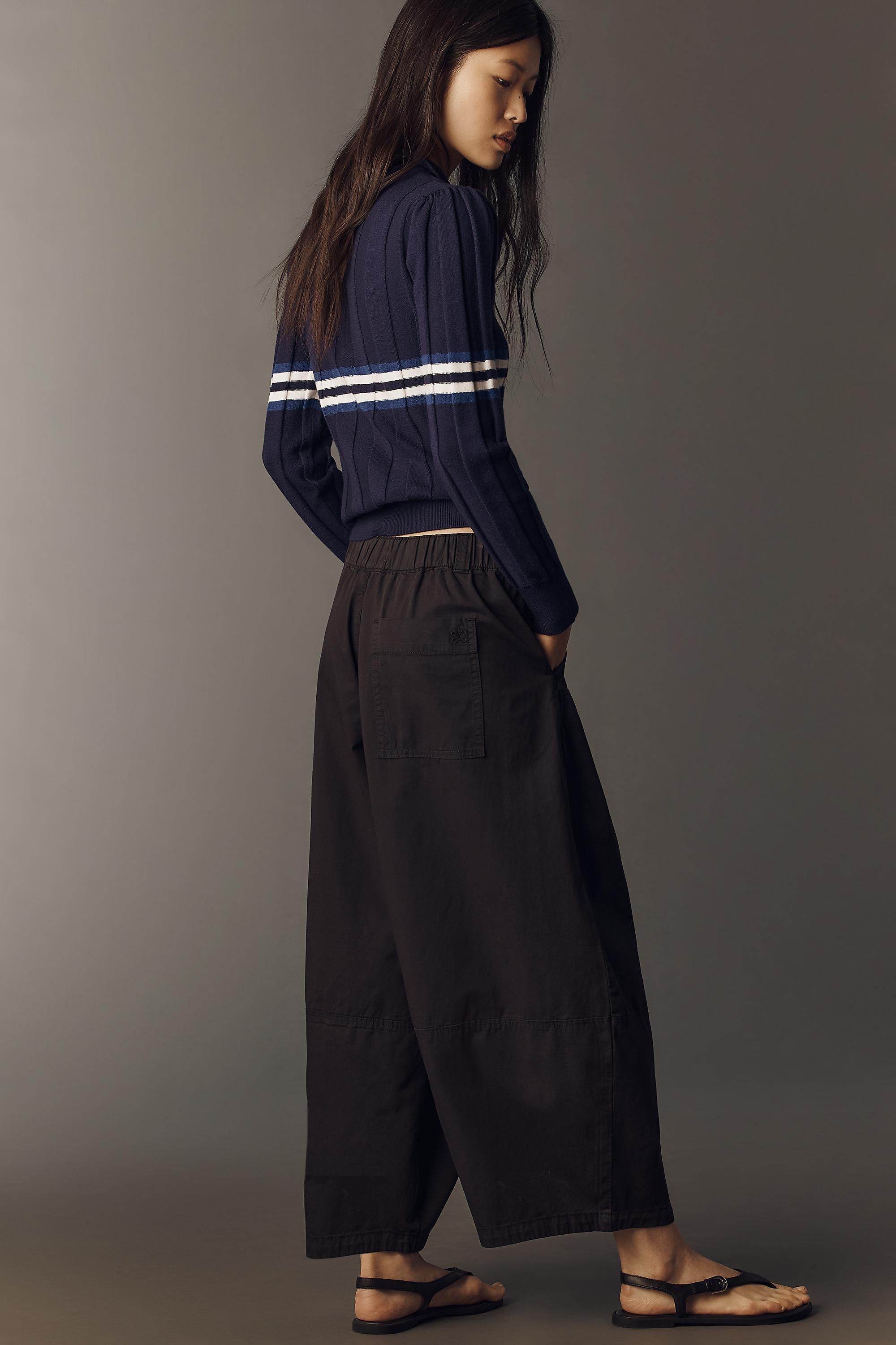 By Maeve Cotton-Linen Barrel Trousers, Black, Black, large image number 1