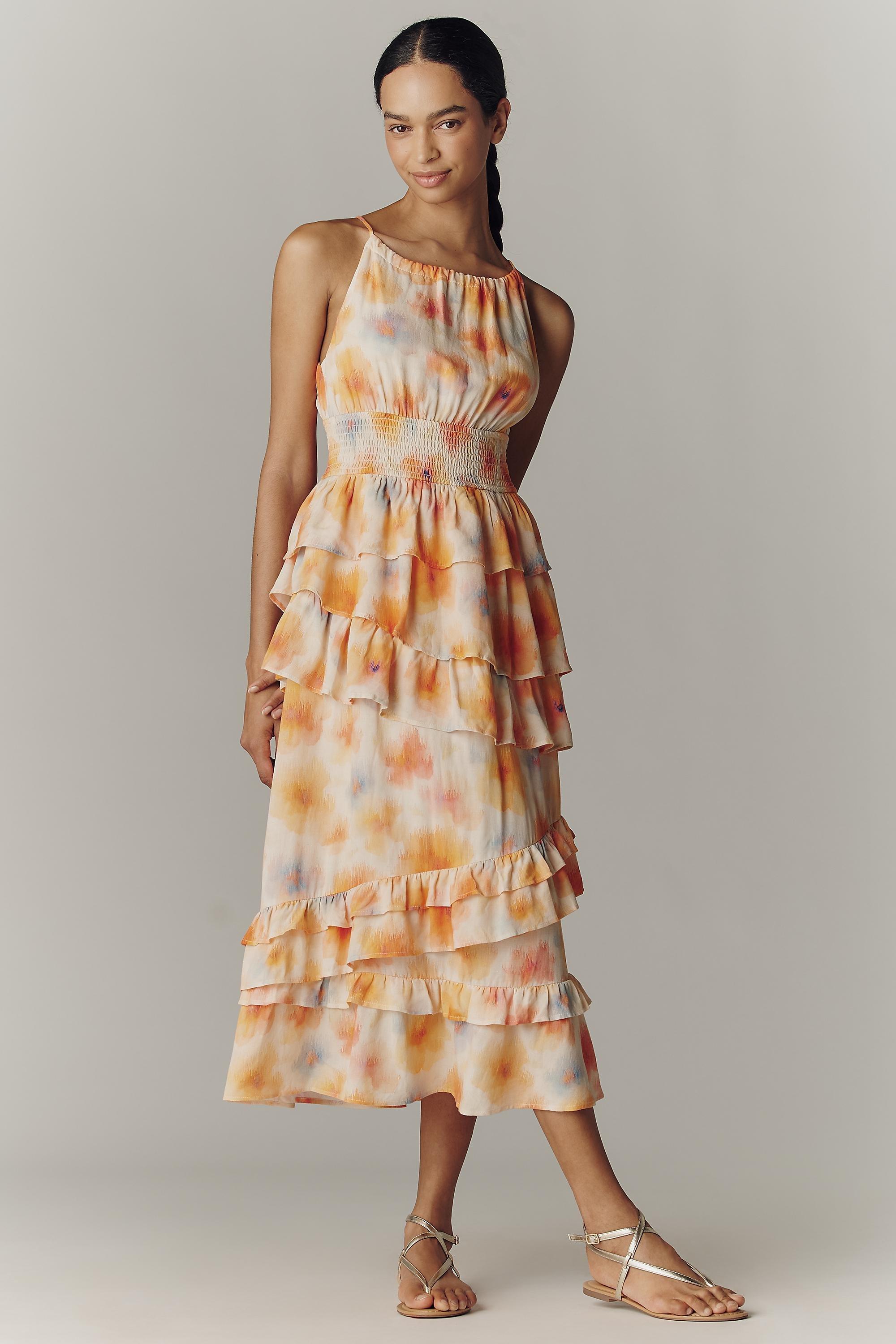 By Anthropologie Tiered Ruffle Halter Dress, Multicolour, medium