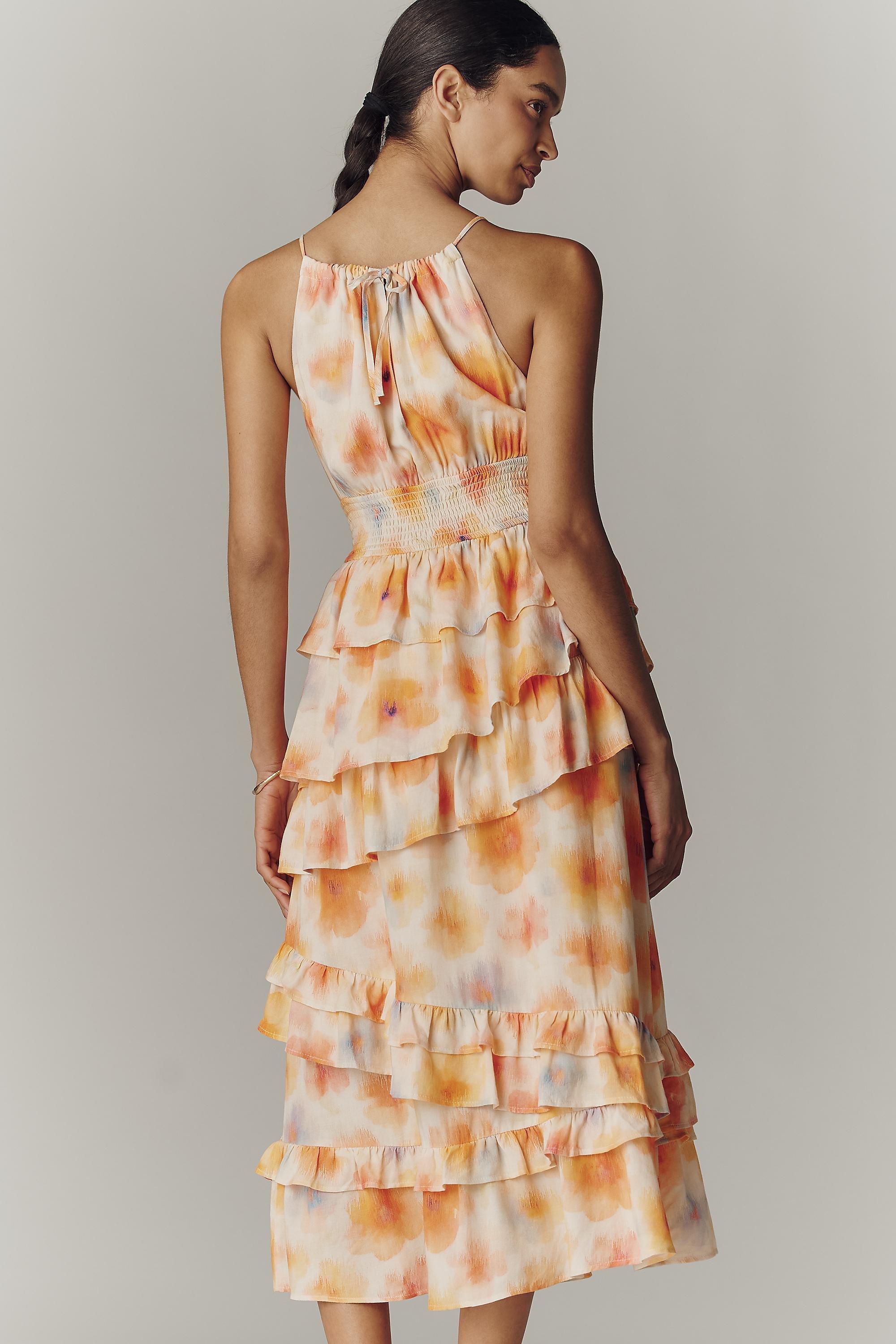By Anthropologie Tiered Ruffle Halter Dress, Multicolour, medium