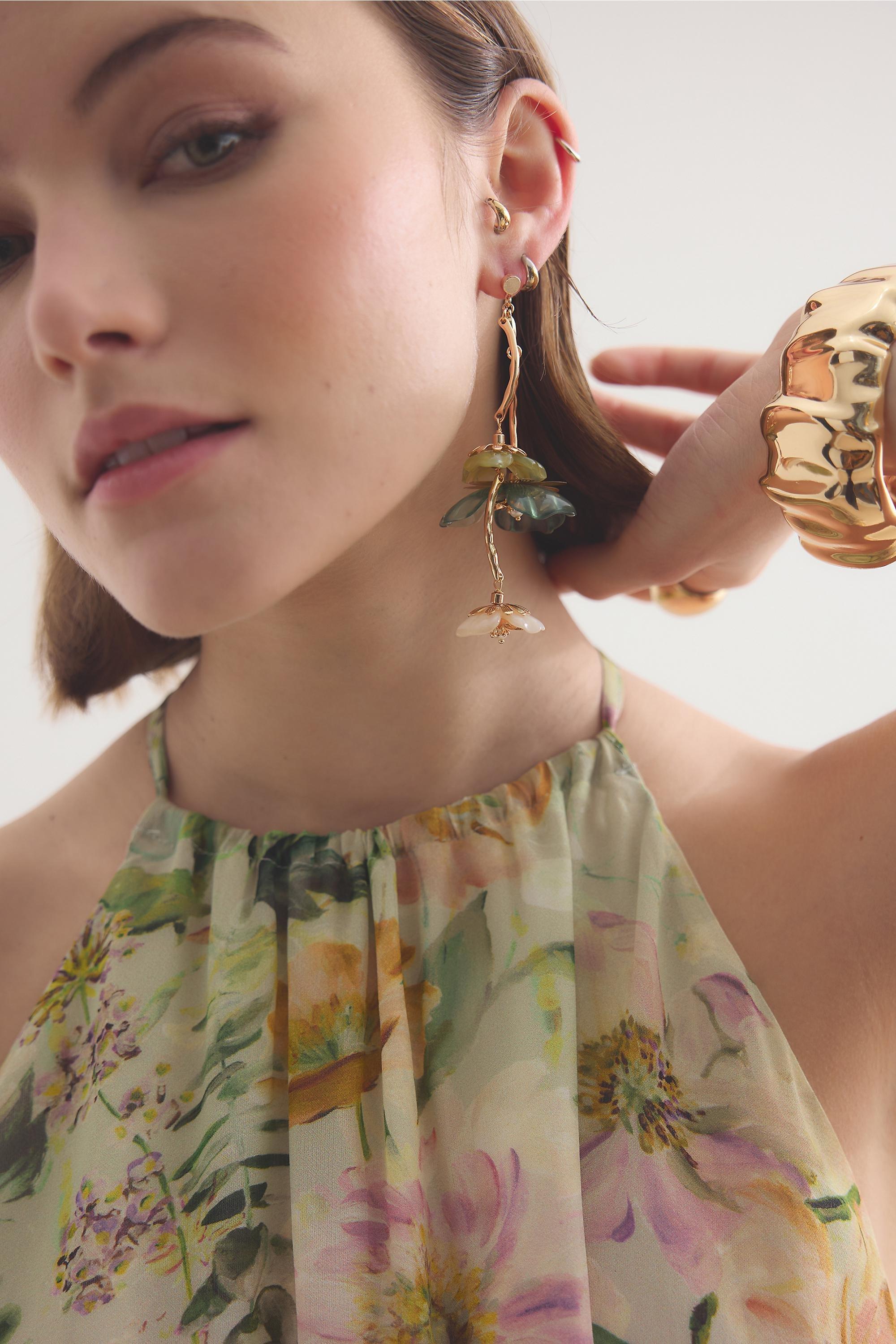 Triple Flower Drop Earrings, Green, Green, large image number 0