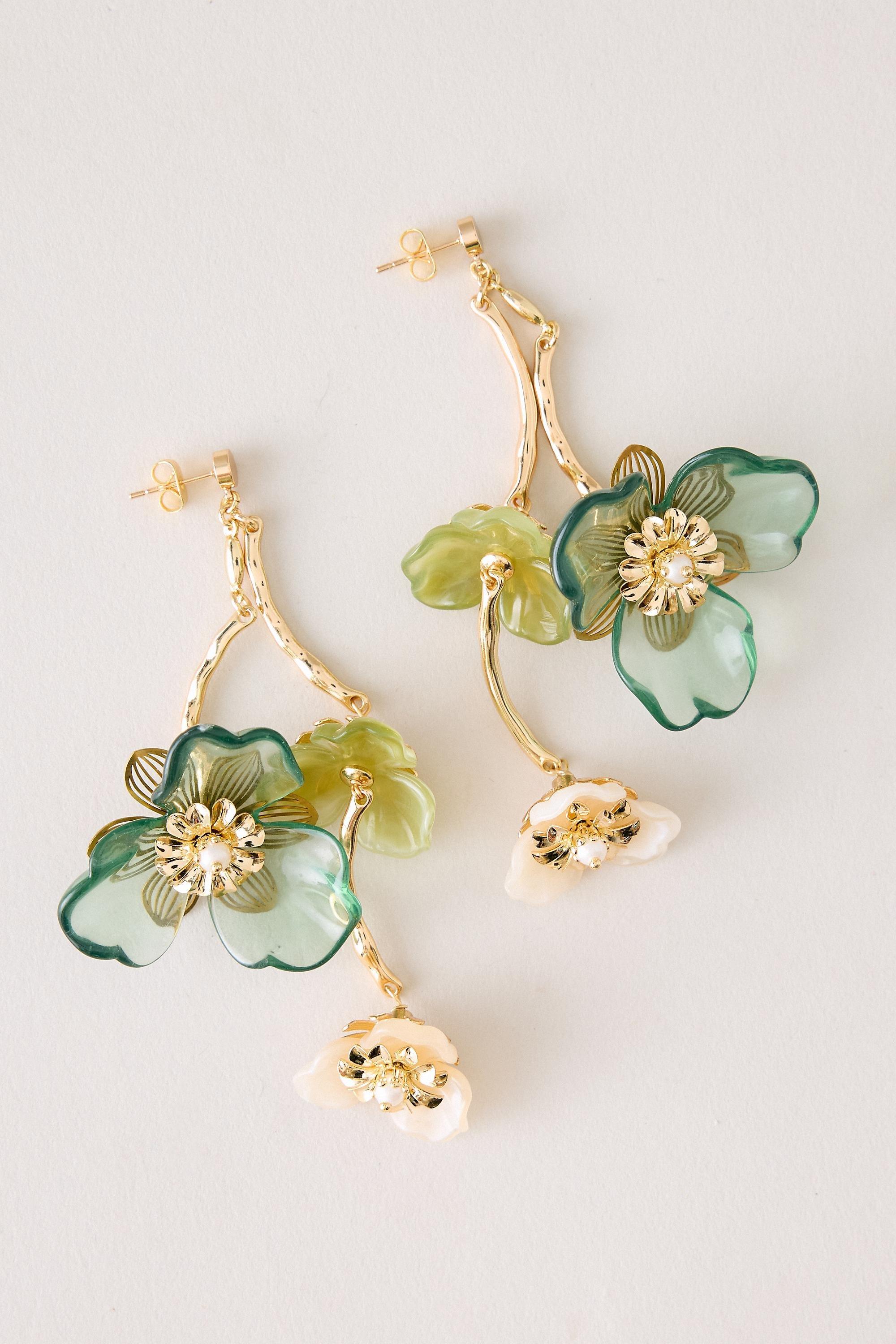 Triple Flower Drop Earrings, Green, Green, large image number 1