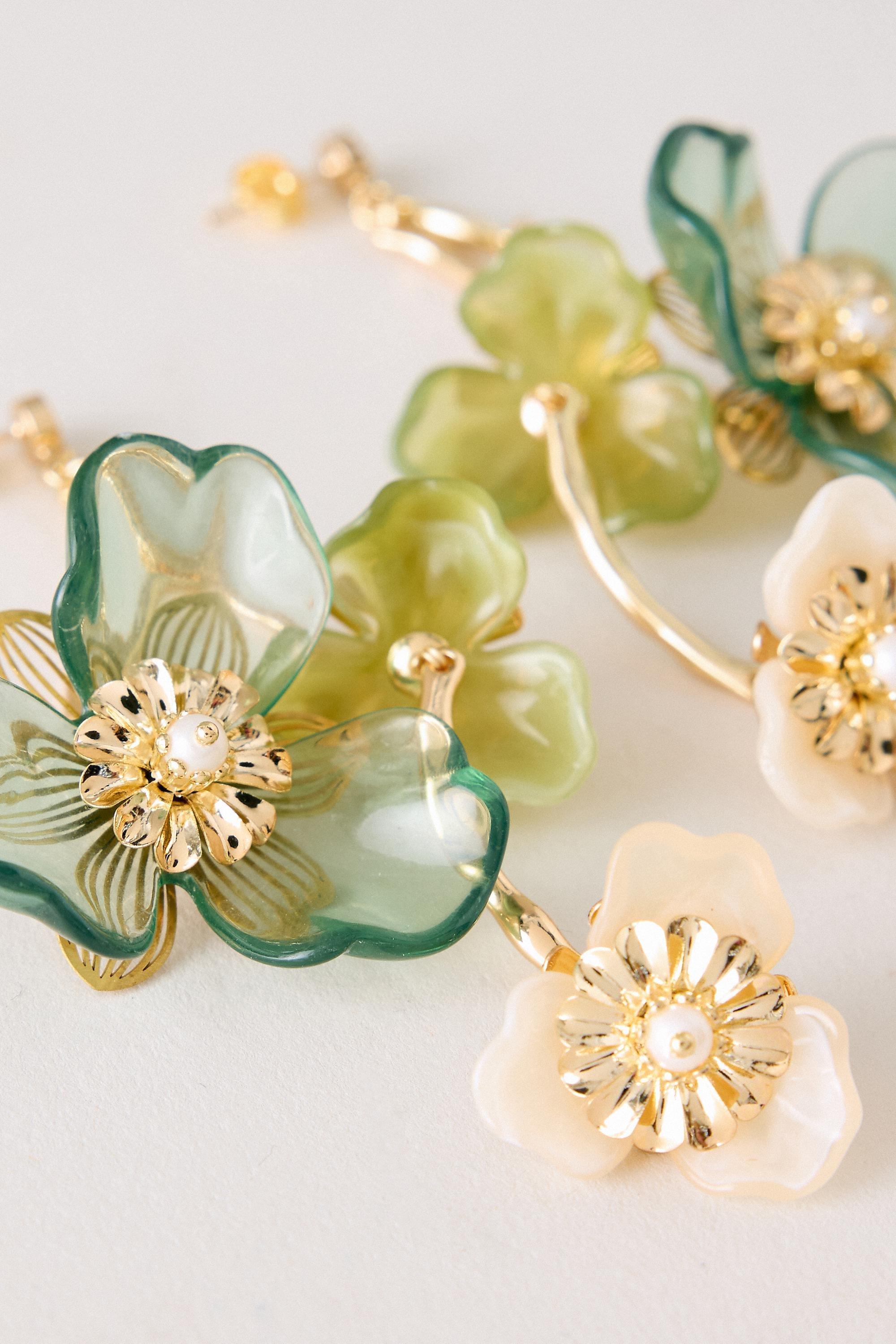 Triple Flower Drop Earrings, Green, Green, large image number 3