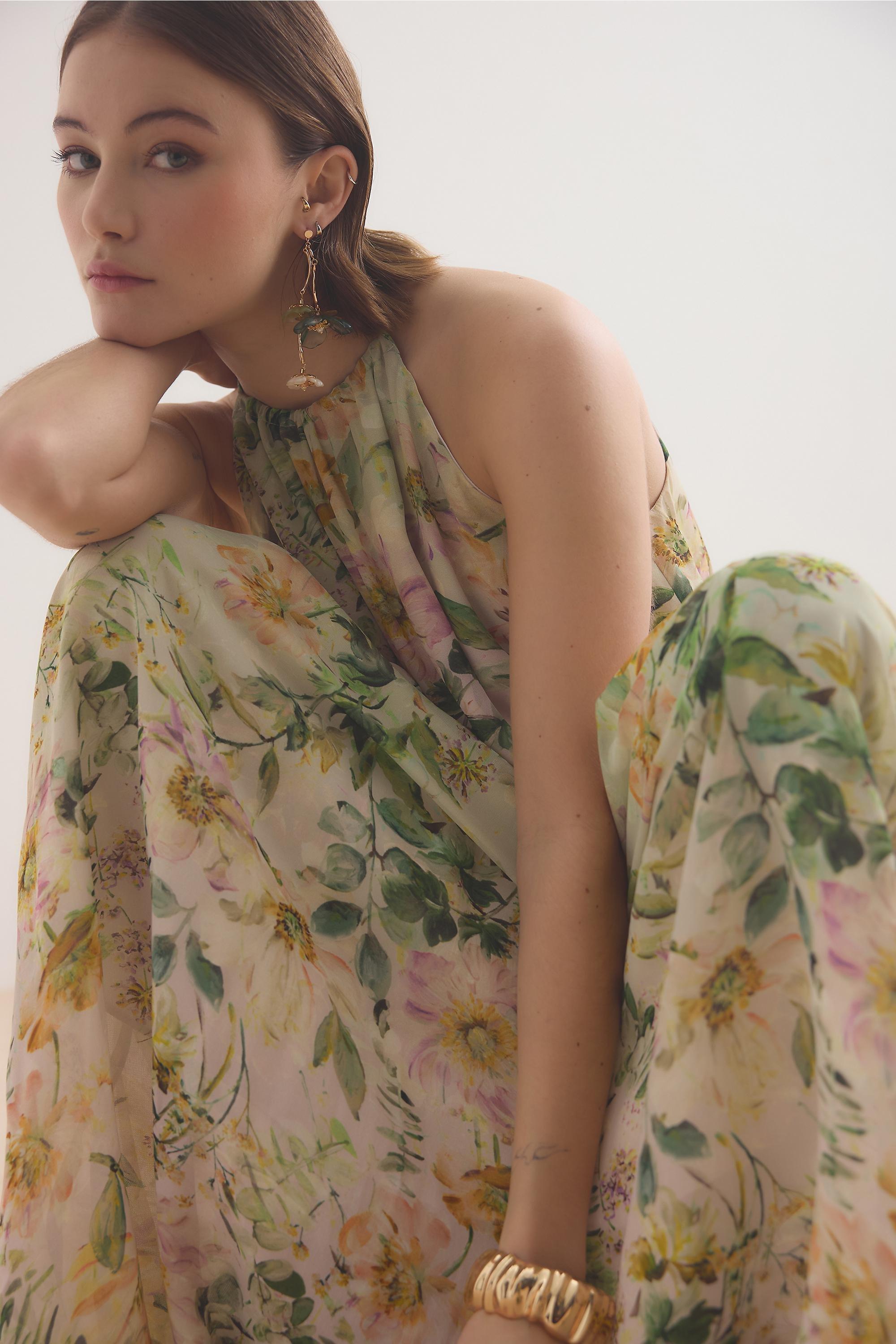Triple Flower Drop Earrings, Green, Green, large image number 4