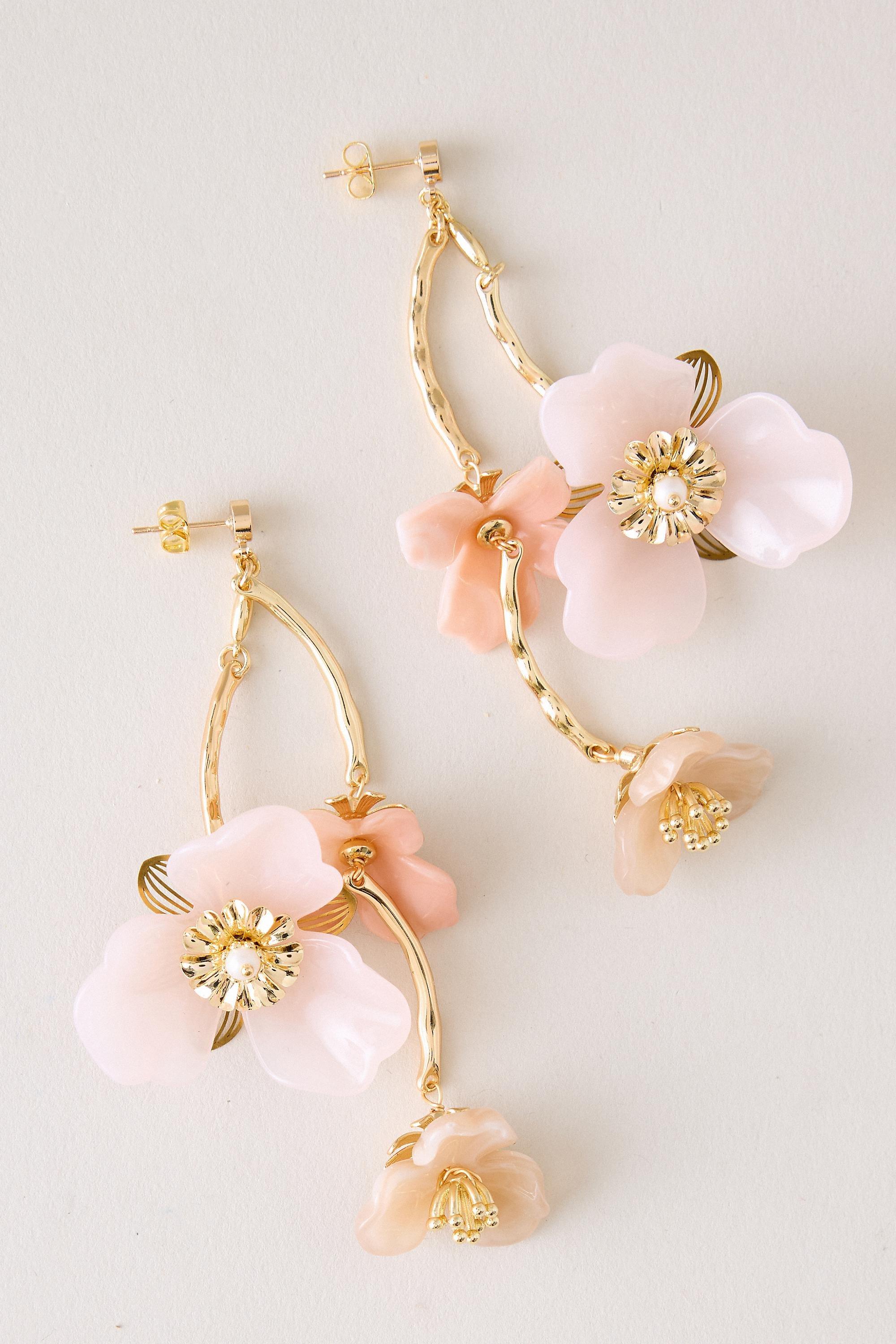 Triple Flower Drop Earrings, Pink, A501_0066, large image number 1