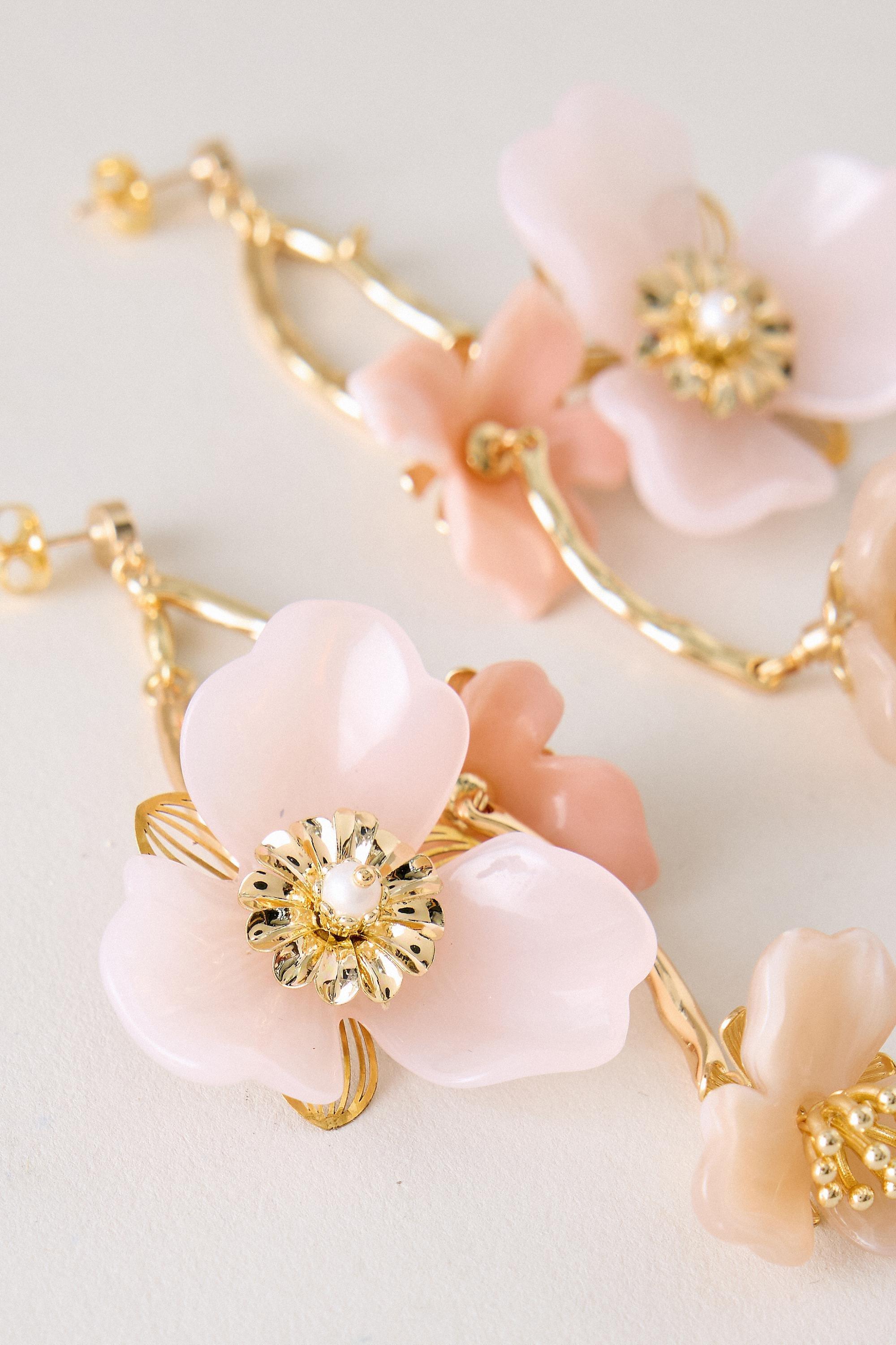 Triple Flower Drop Earrings, Pink, A501_0066, large image number 2