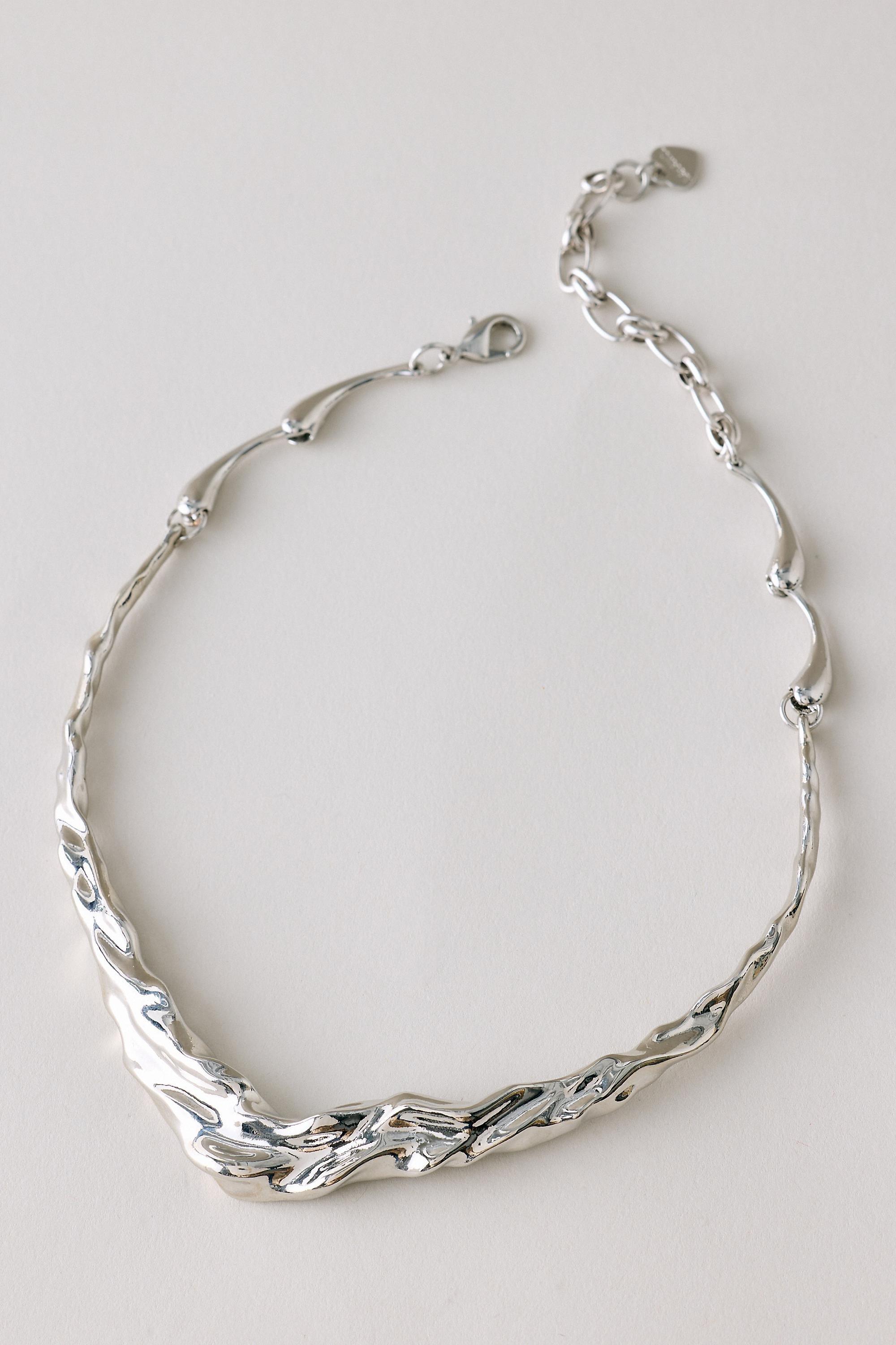 Hammered Sculptural Collar Necklace, Silver, Silver, medium