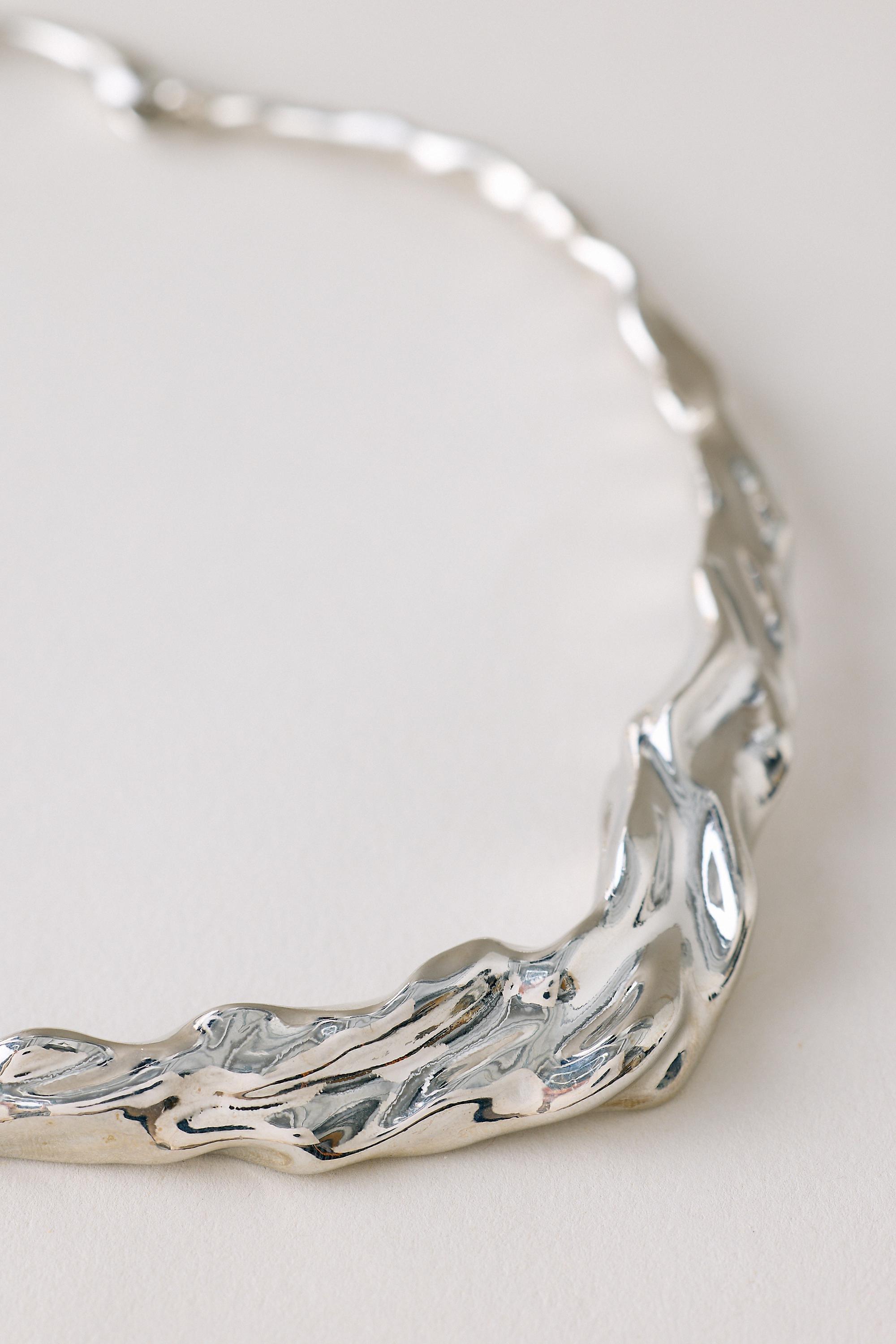 Hammered Sculptural Collar Necklace, Silver, Silver, medium