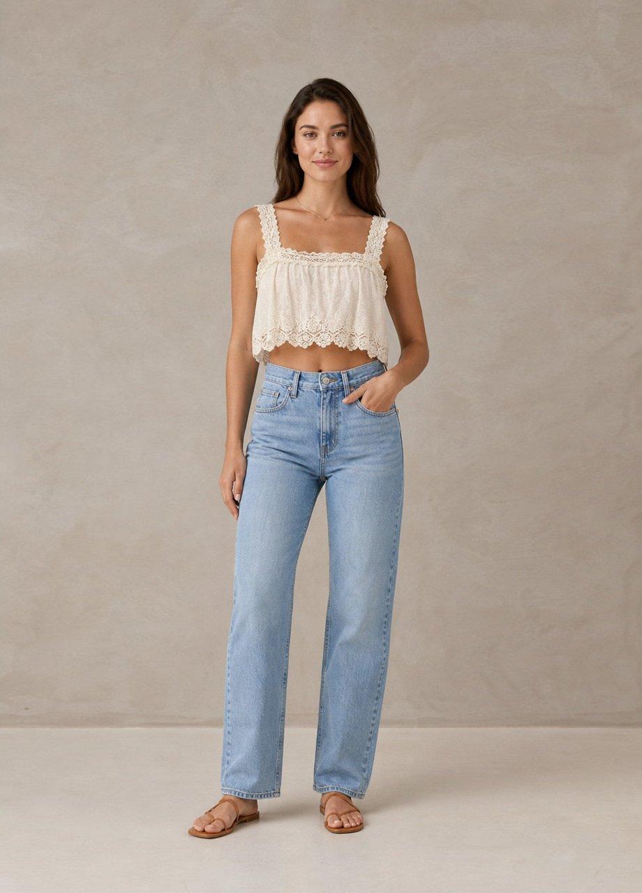 Lace Trim Square-Neck Crop Top, Cream, White, large image number 0