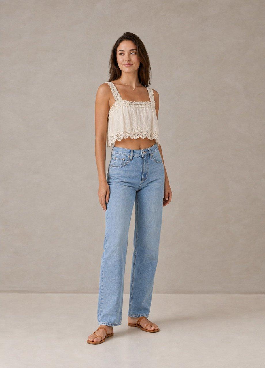 Lace Trim Square-Neck Crop Top, Cream, White, large image number 1