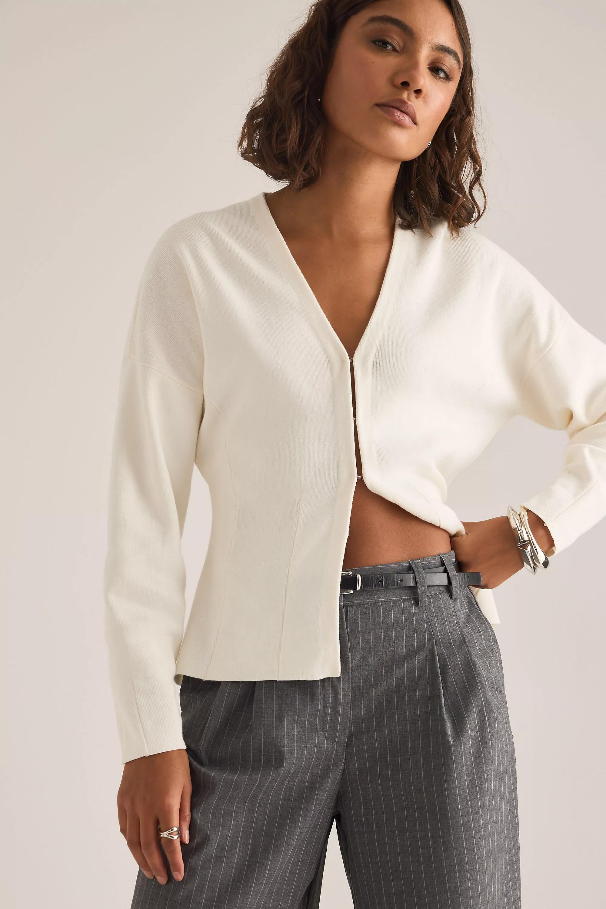 Selected Anemone Hook-And-Eye Waisted Cardigan, White, White, large image number 3