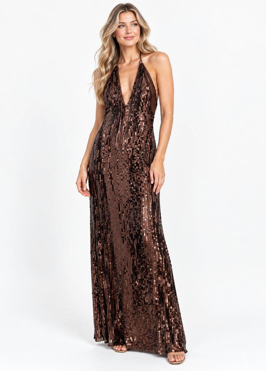 Sequin Halter Dress, Brown, Brown, medium
