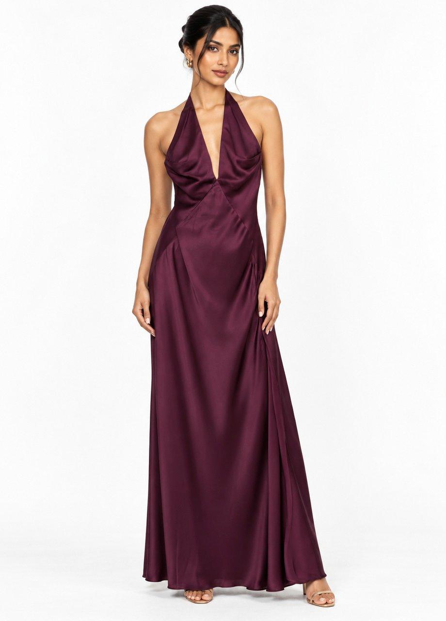 Satin Halter Dress, Purple, Purple, medium