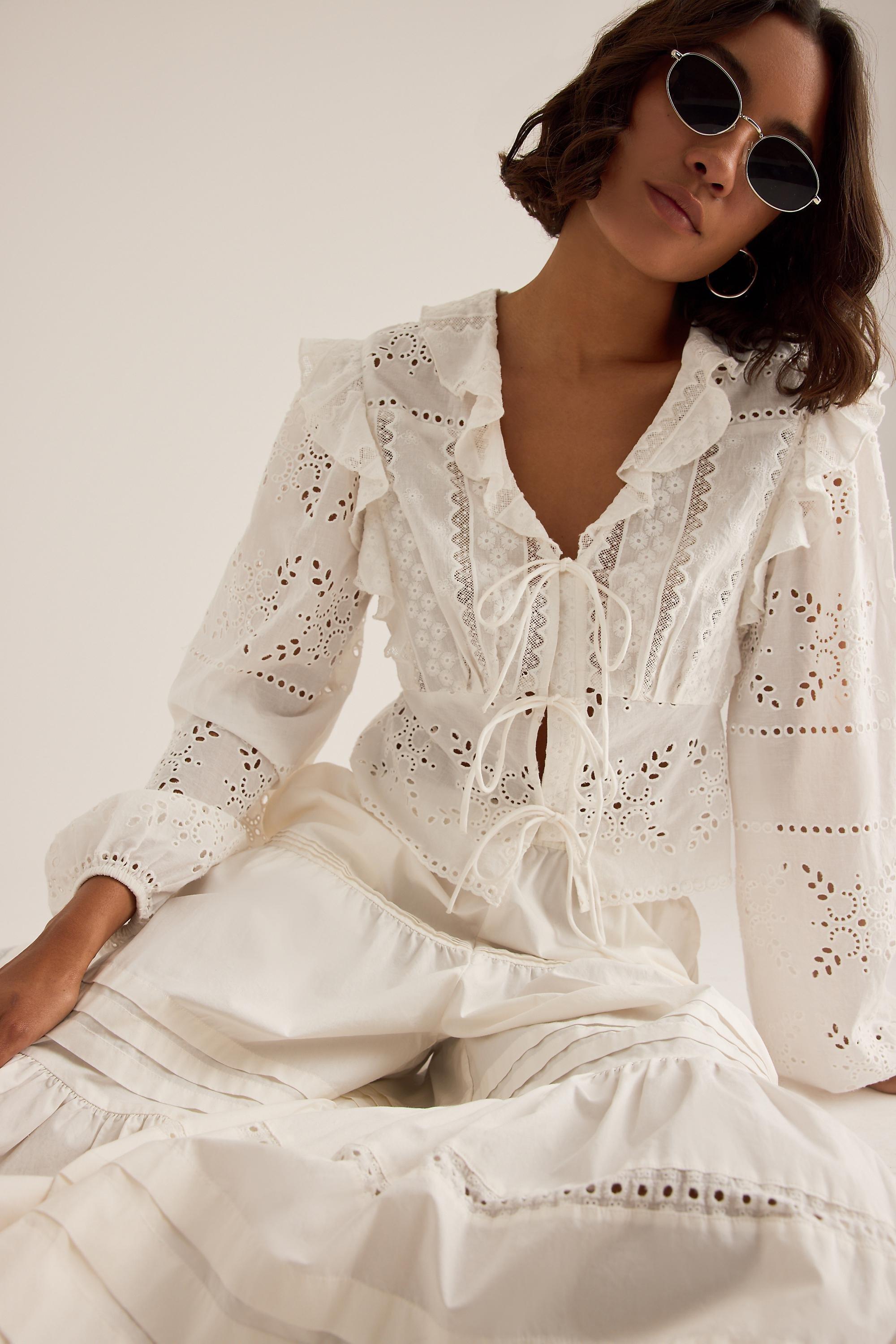 CREAM By Anthropologie Ruffle Embroidered Tie-Front Blouse, Women, Cream, large image number 1