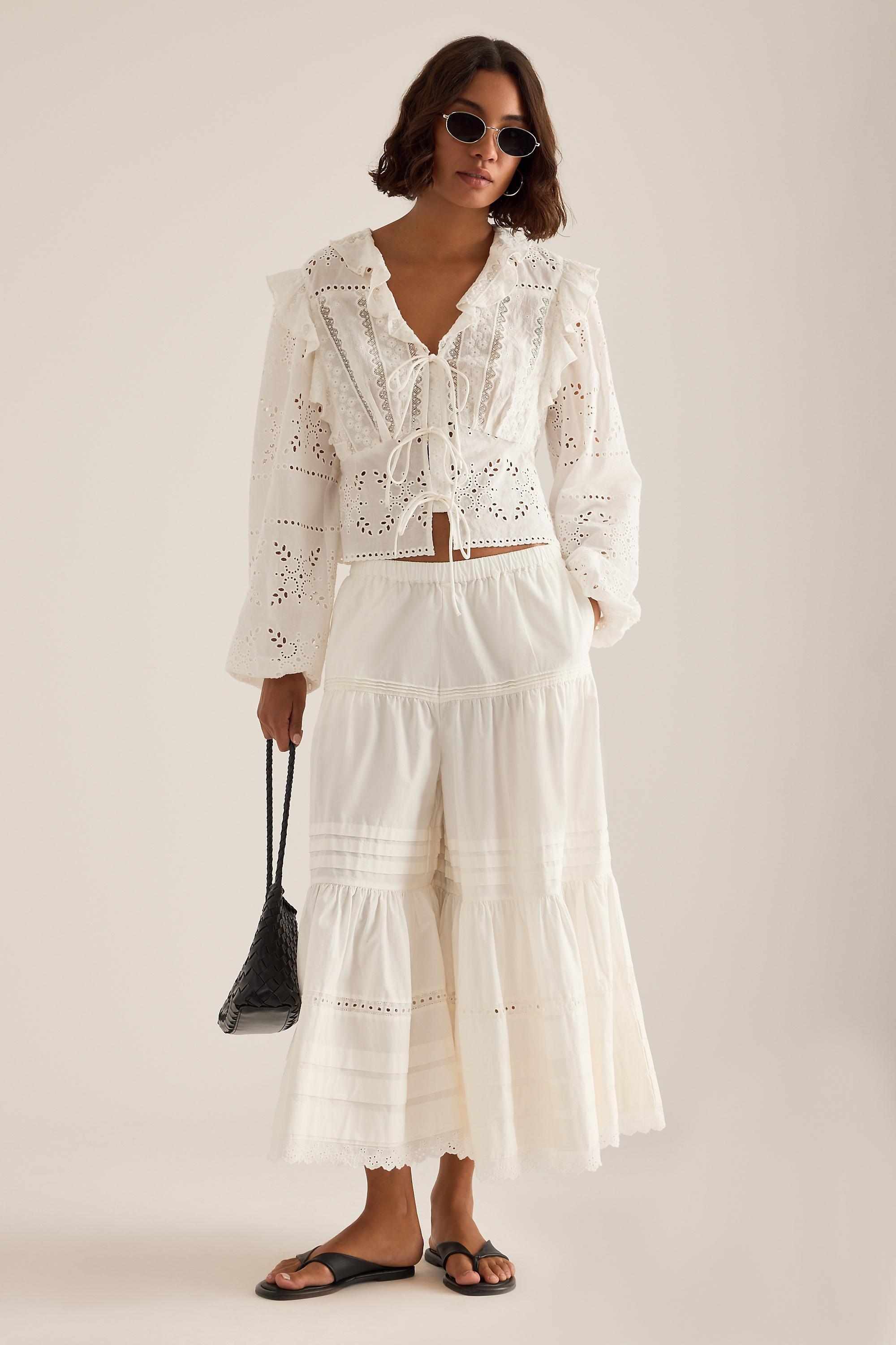 CREAM By Anthropologie Ruffle Embroidered Tie-Front Blouse, Women, Cream, large image number 2