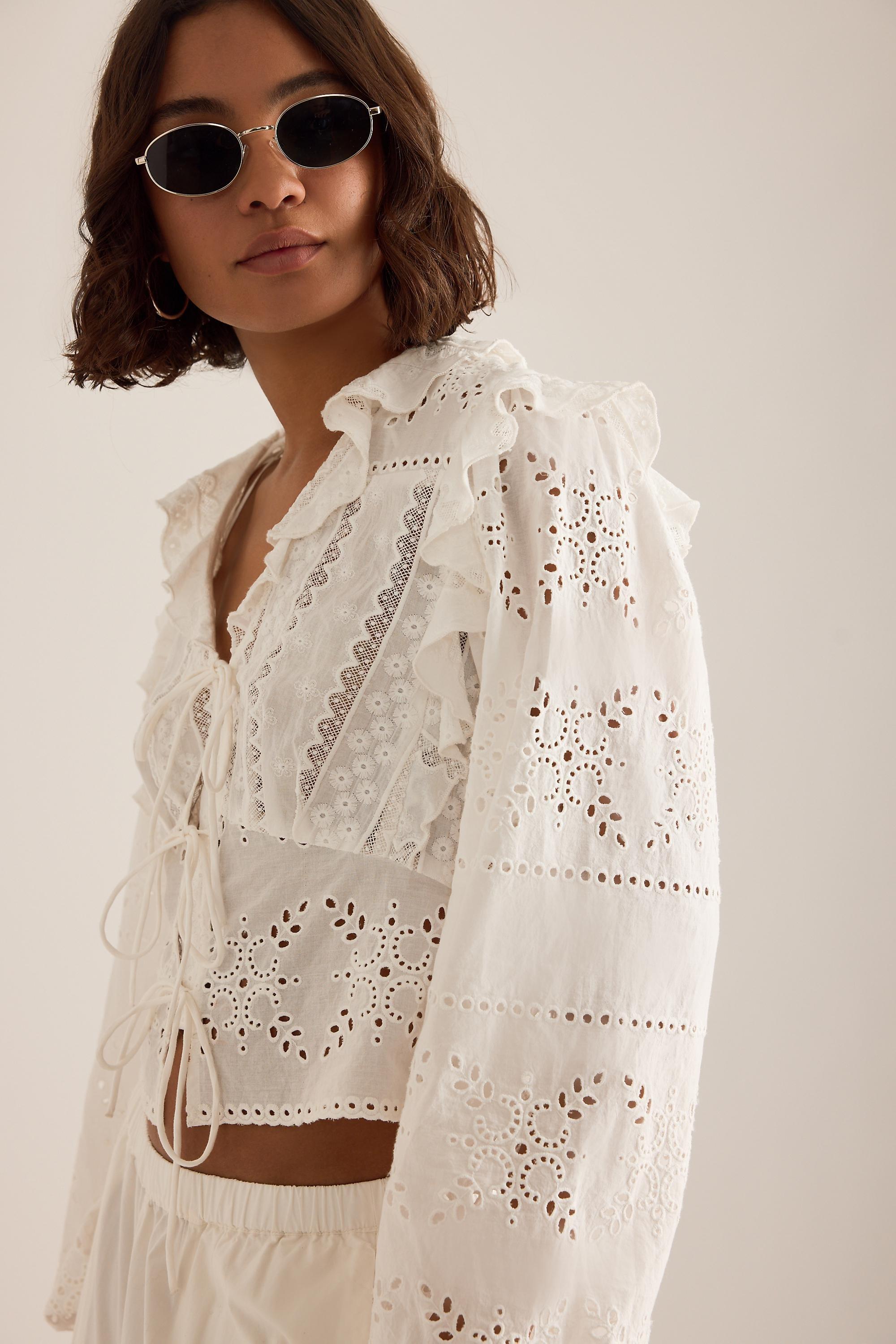 CREAM By Anthropologie Ruffle Embroidered Tie-Front Blouse, Women, Cream, large image number 3