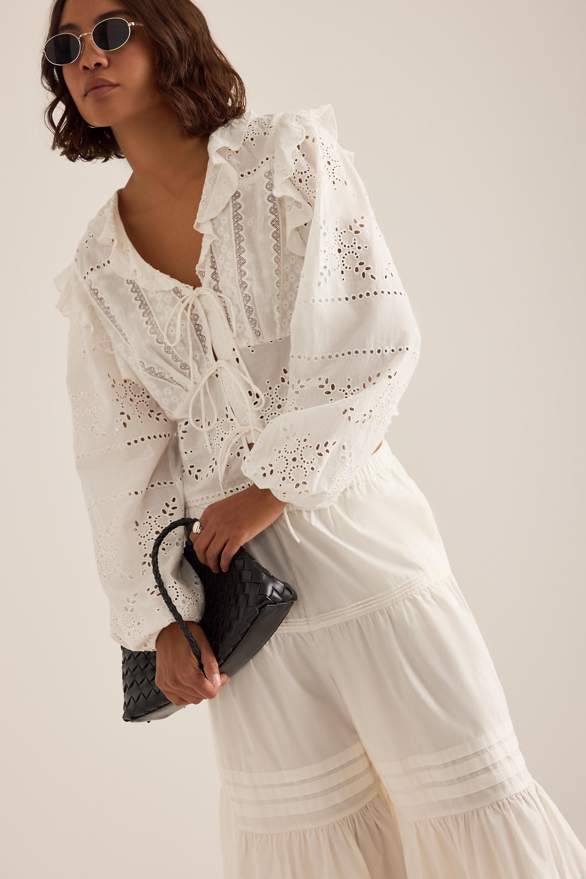 CREAM By Anthropologie Ruffle Embroidered Tie-Front Blouse, Women, Cream, large image number 4
