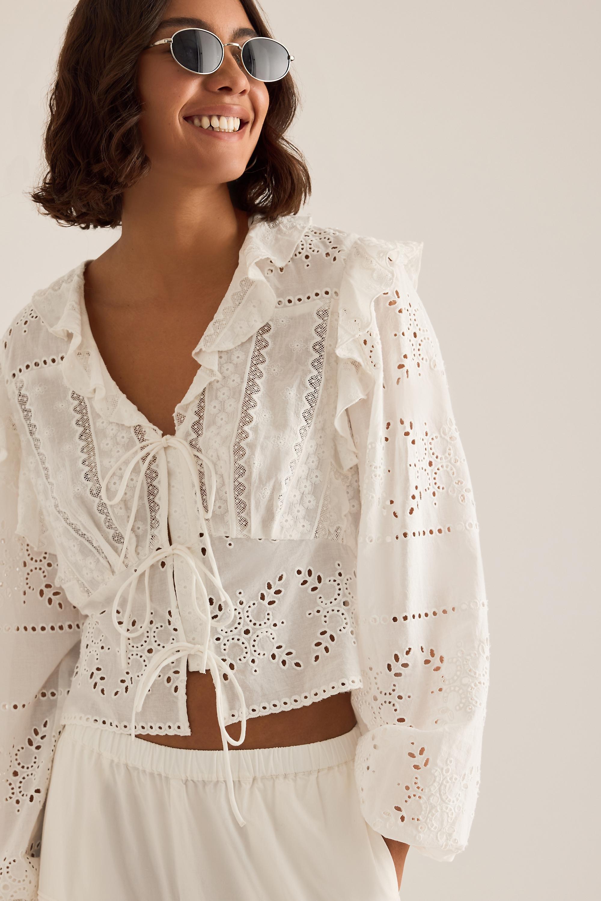 CREAM By Anthropologie Ruffle Embroidered Tie-Front Blouse, Women, Cream, large image number 5