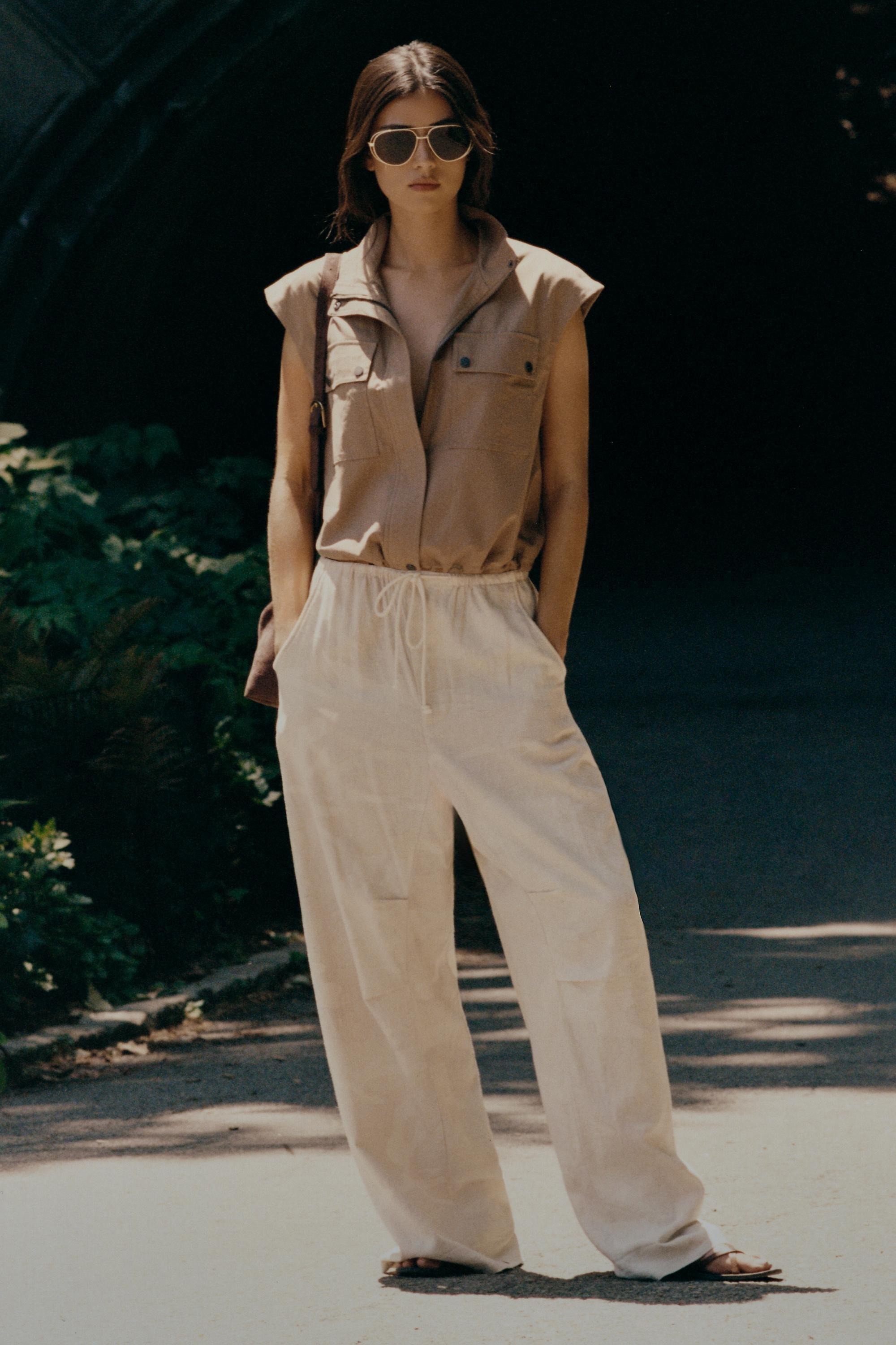 Pilcro Hannah Linen-Blend Camo Wide-Leg Trousers, Cream, Green, large image number 0