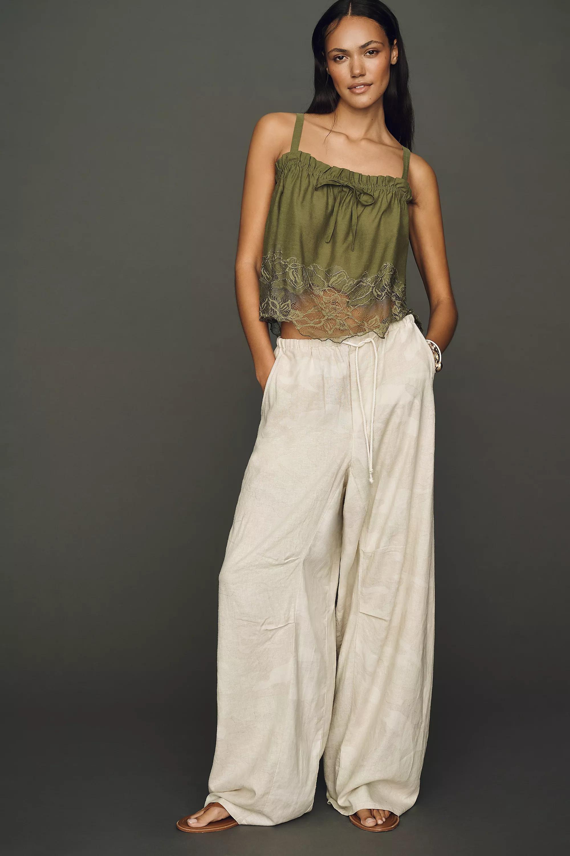 Pilcro Hannah Linen-Blend Camo Wide-Leg Trousers, Cream, Green, large image number 1