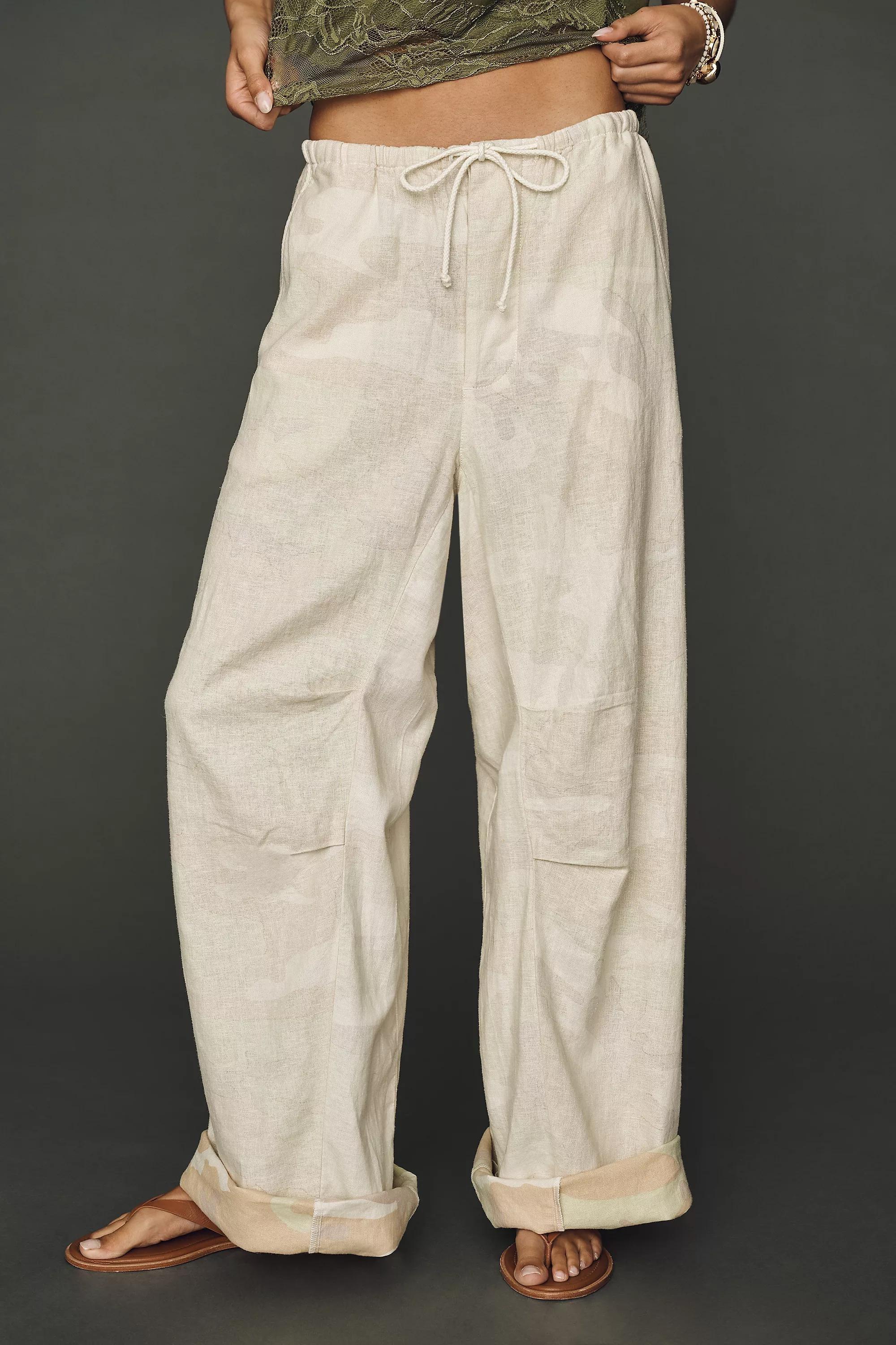 Pilcro Hannah Linen-Blend Camo Wide-Leg Trousers, Cream, Green, large image number 2