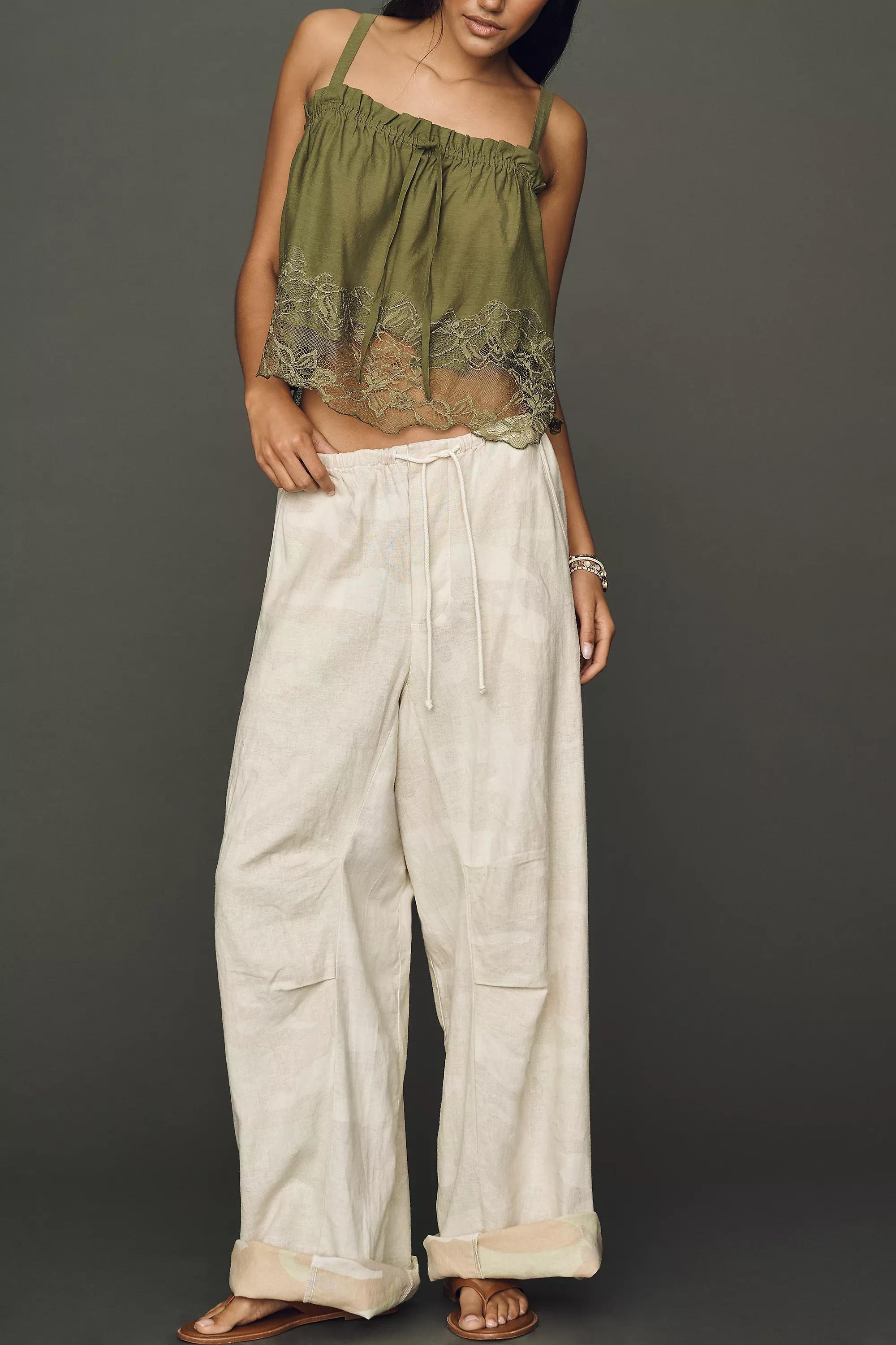 Pilcro Hannah Linen-Blend Camo Wide-Leg Trousers, Cream, Green, large image number 3