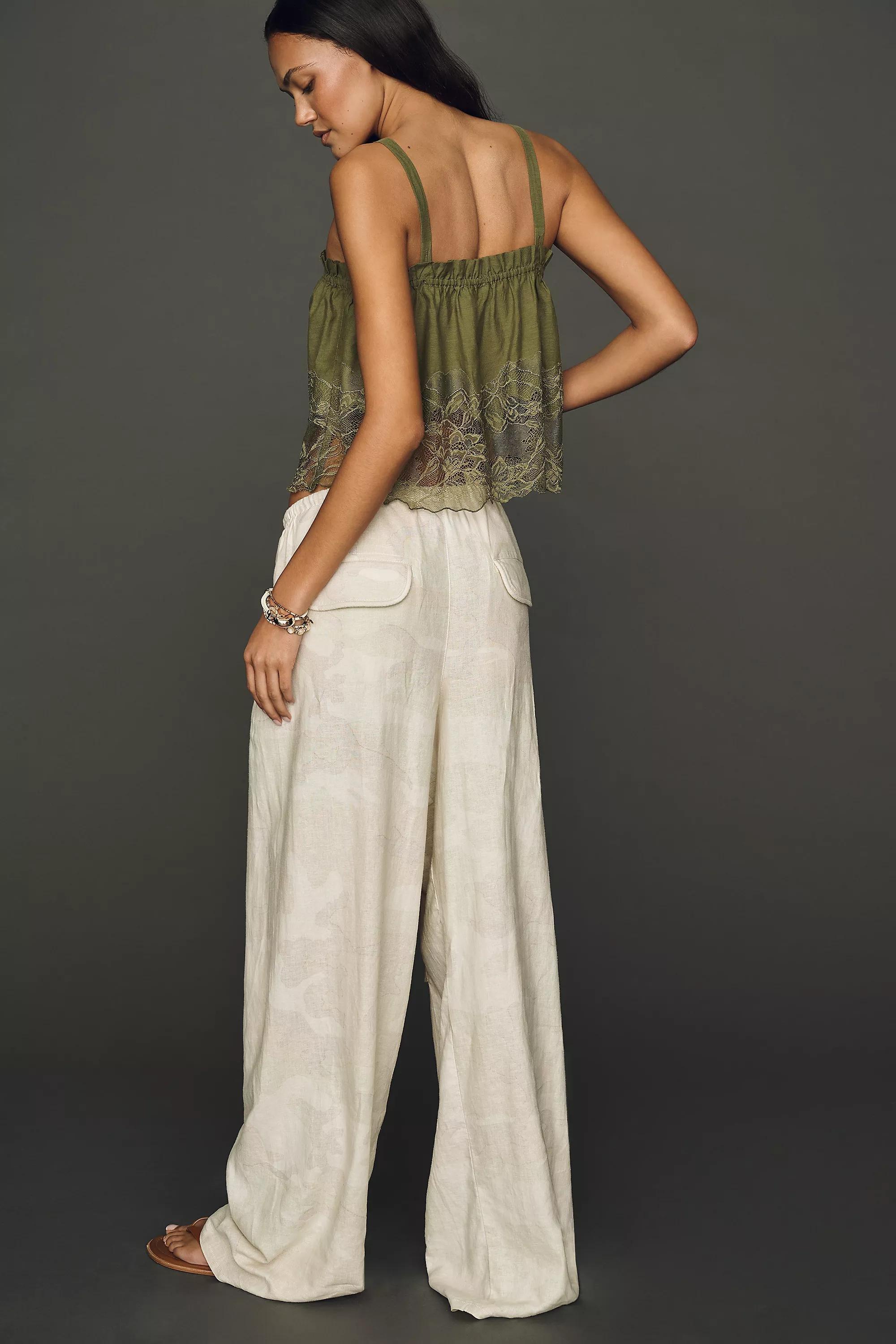 Pilcro Hannah Linen-Blend Camo Wide-Leg Trousers, Cream, Green, large image number 4