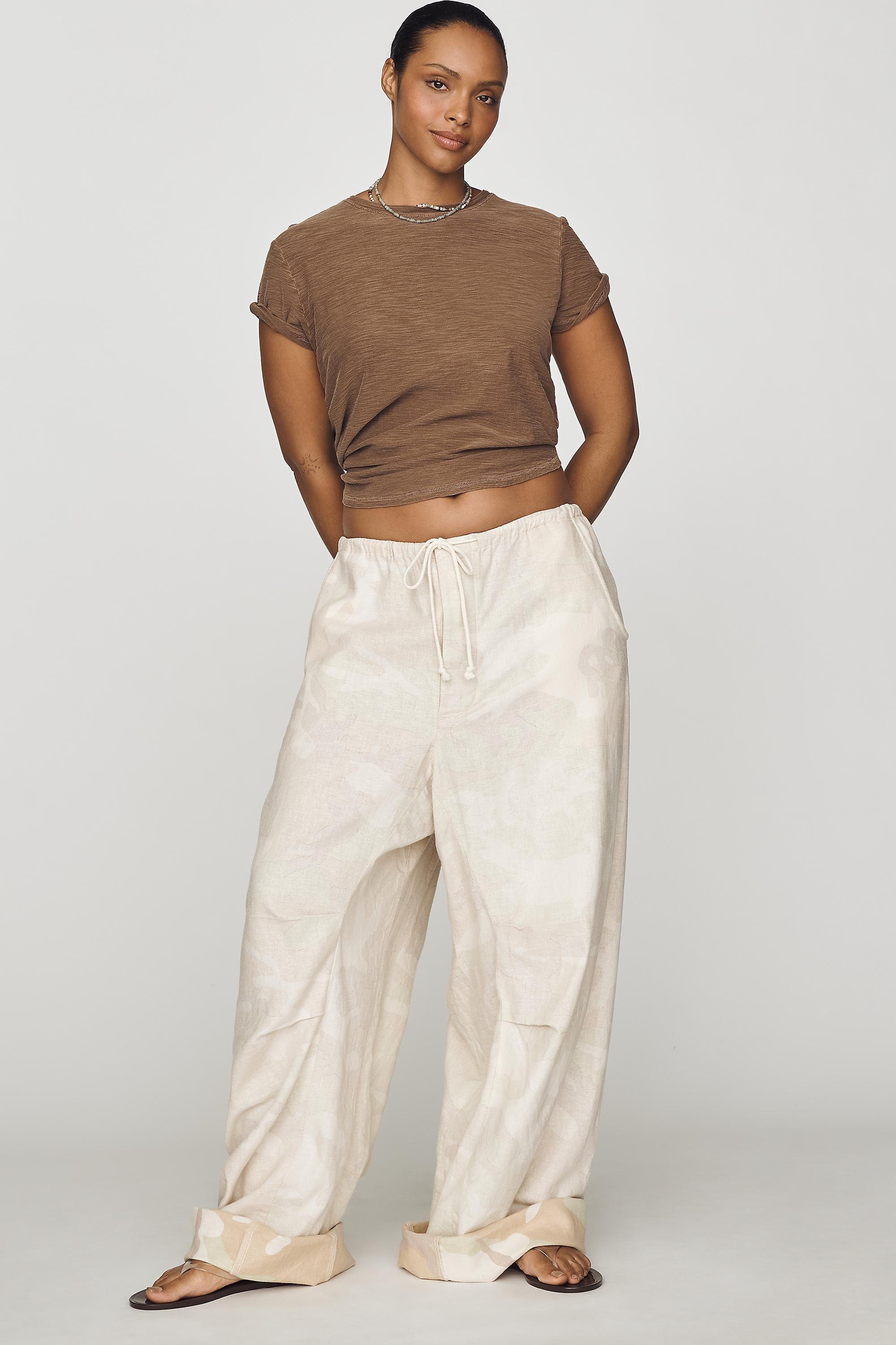Pilcro Hannah Linen-Blend Camo Wide-Leg Trousers, Cream, Green, large image number 5