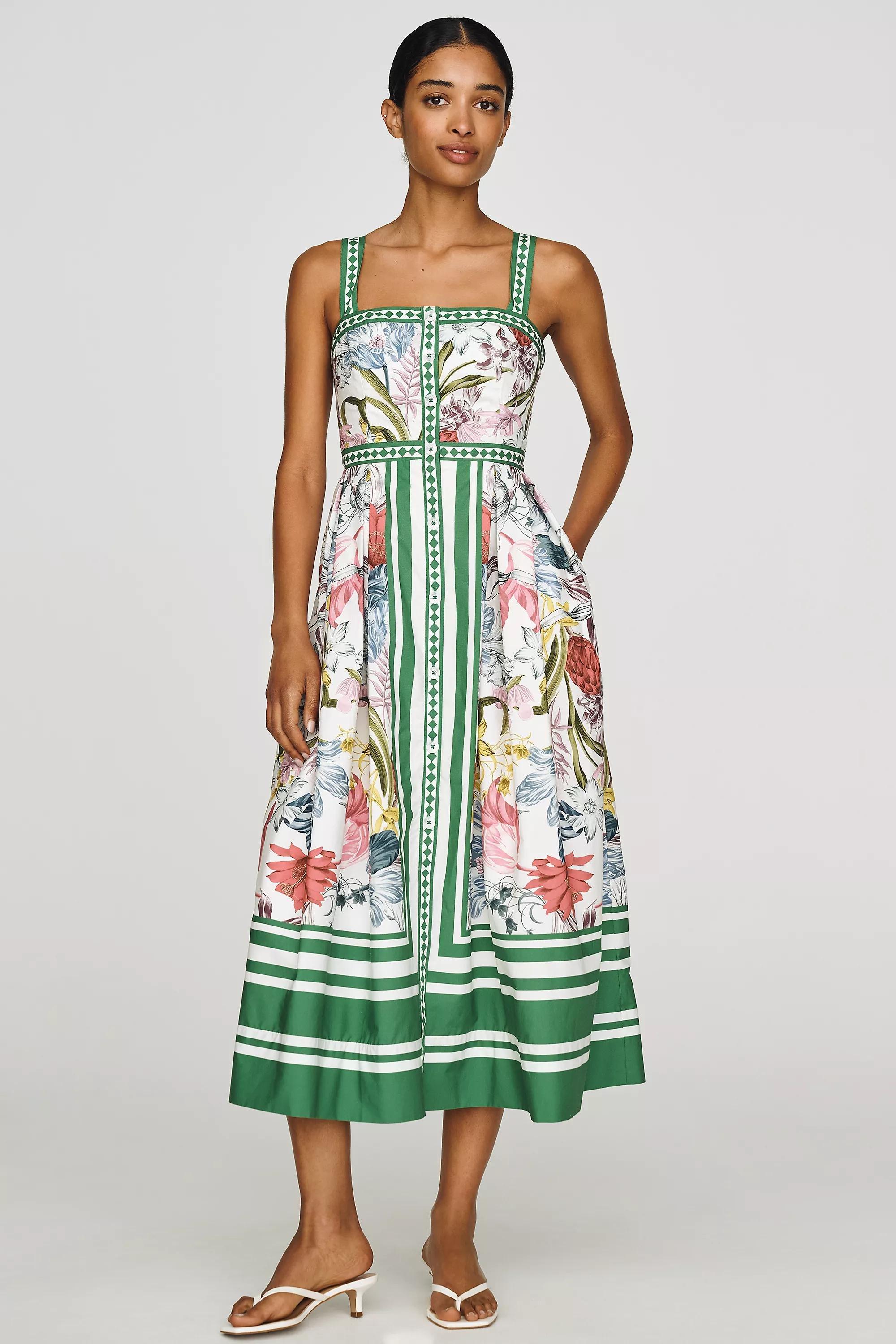 Maeve Cotton Printed Midi Dress, Green, large image number 0