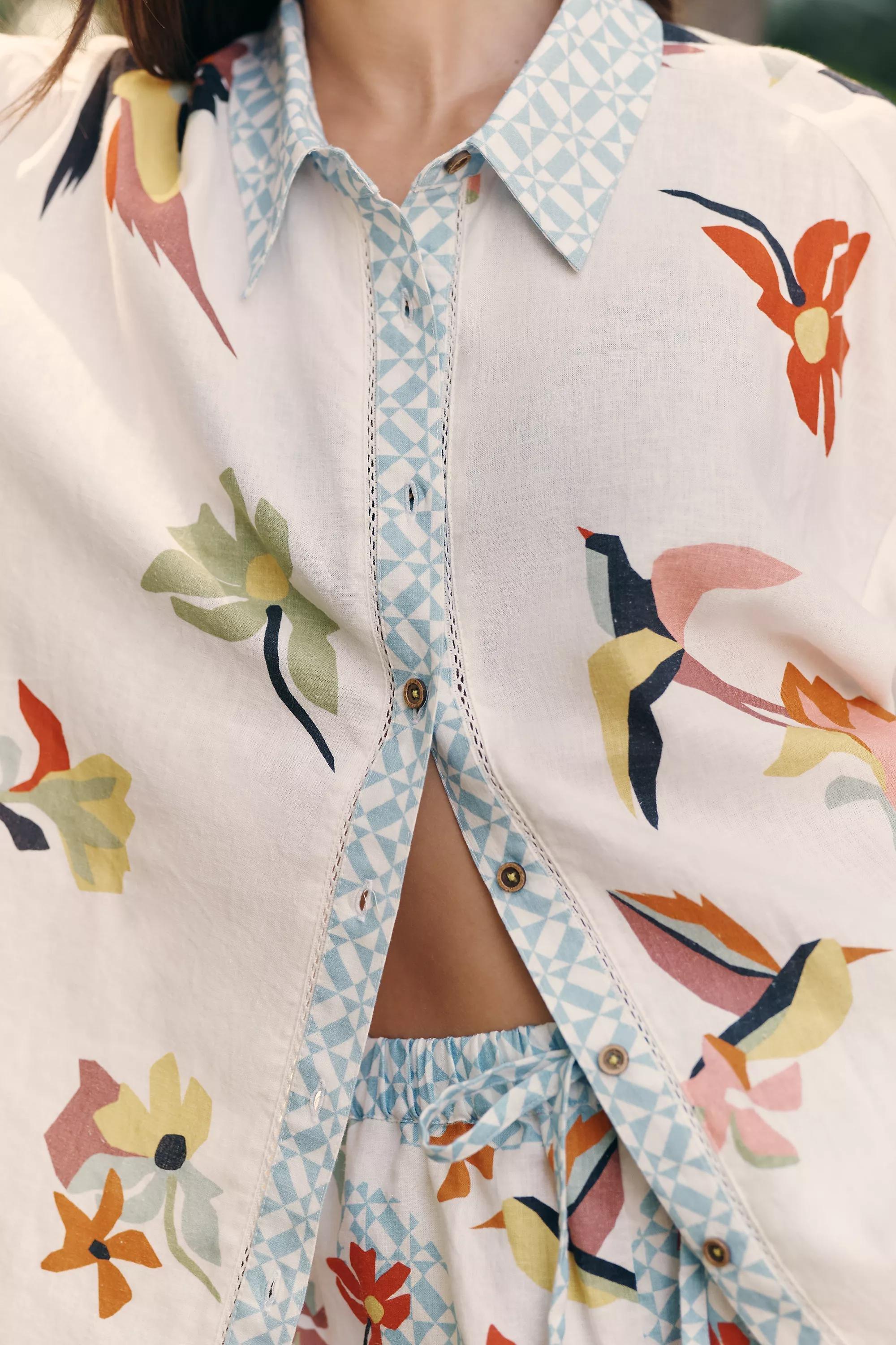 IVORY COMBO Celandine Linen-Blend Buttondown Shirt, Cream, large image number 4