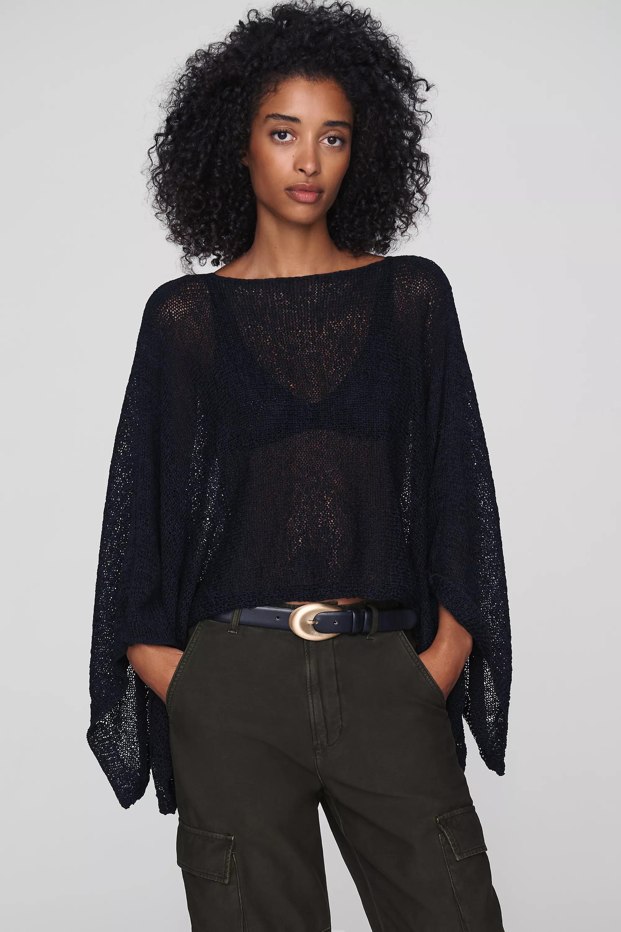 Gauze Knit Poncho, Black, Black, large image number 0