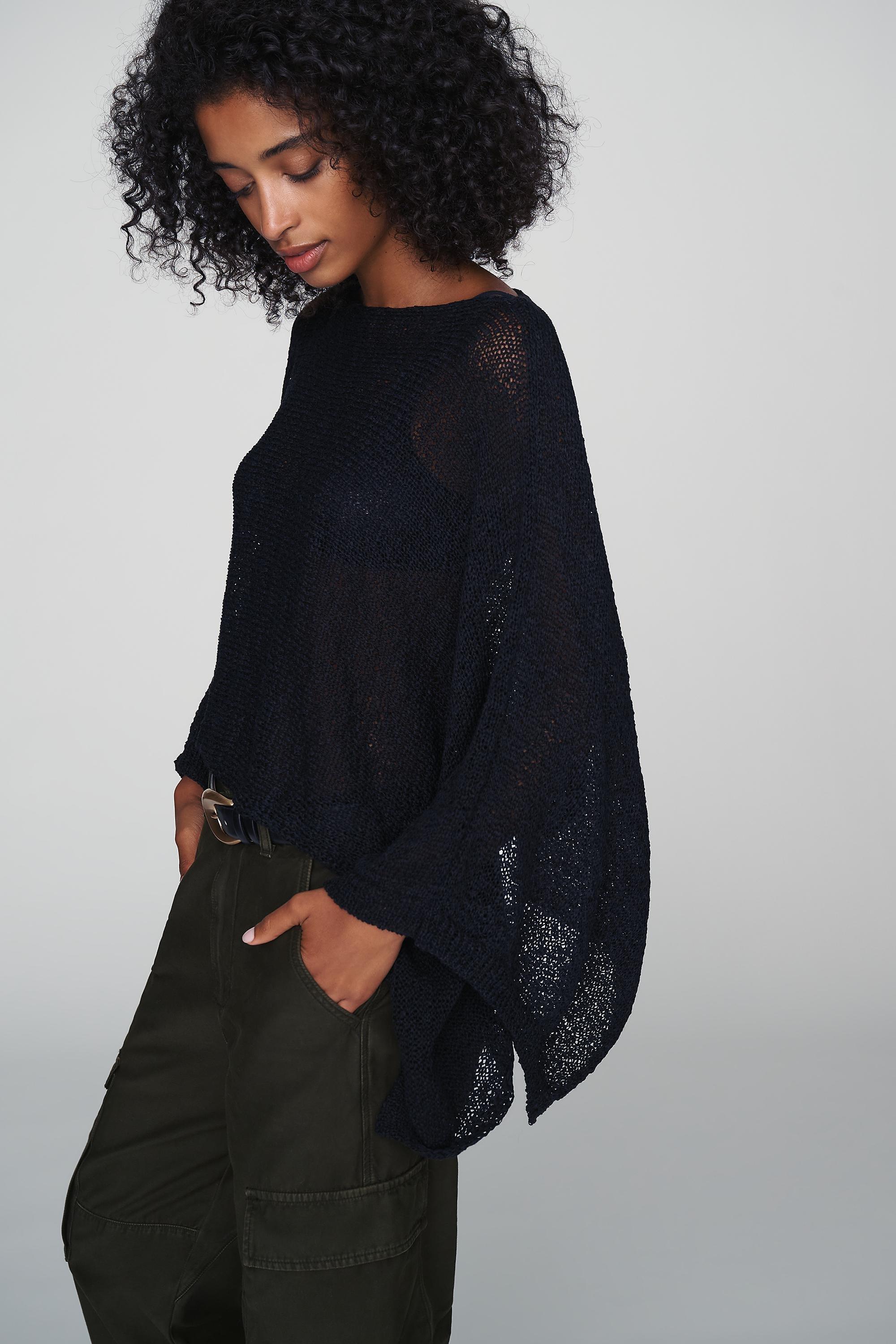 Gauze Knit Poncho, Black, Black, large image number 1