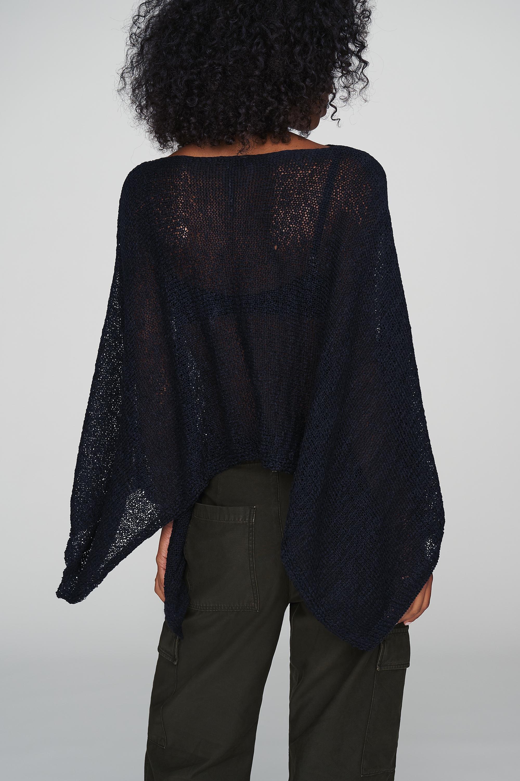 Gauze Knit Poncho, Black, Black, medium