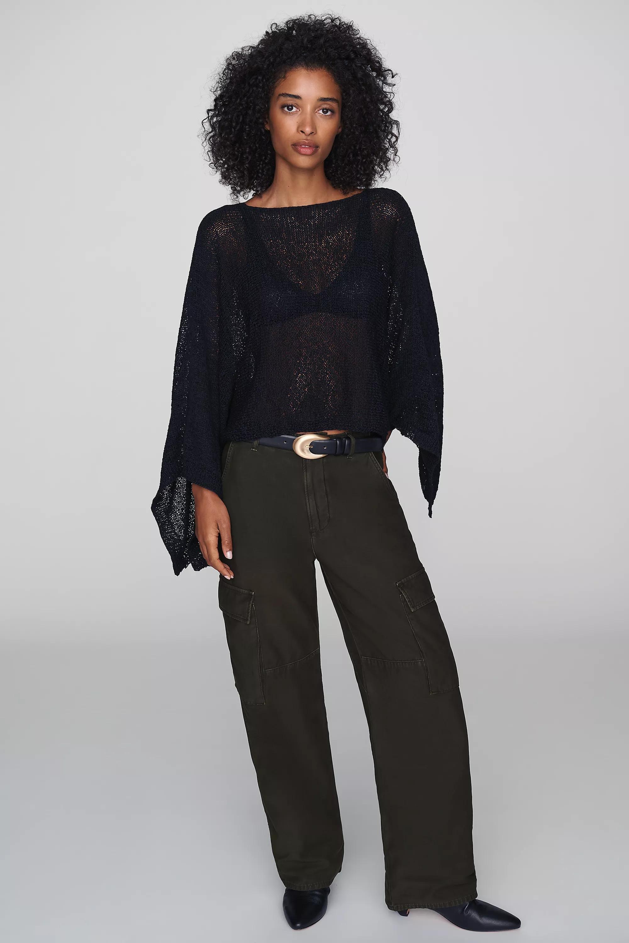 Gauze Knit Poncho, Black, Black, large image number 3
