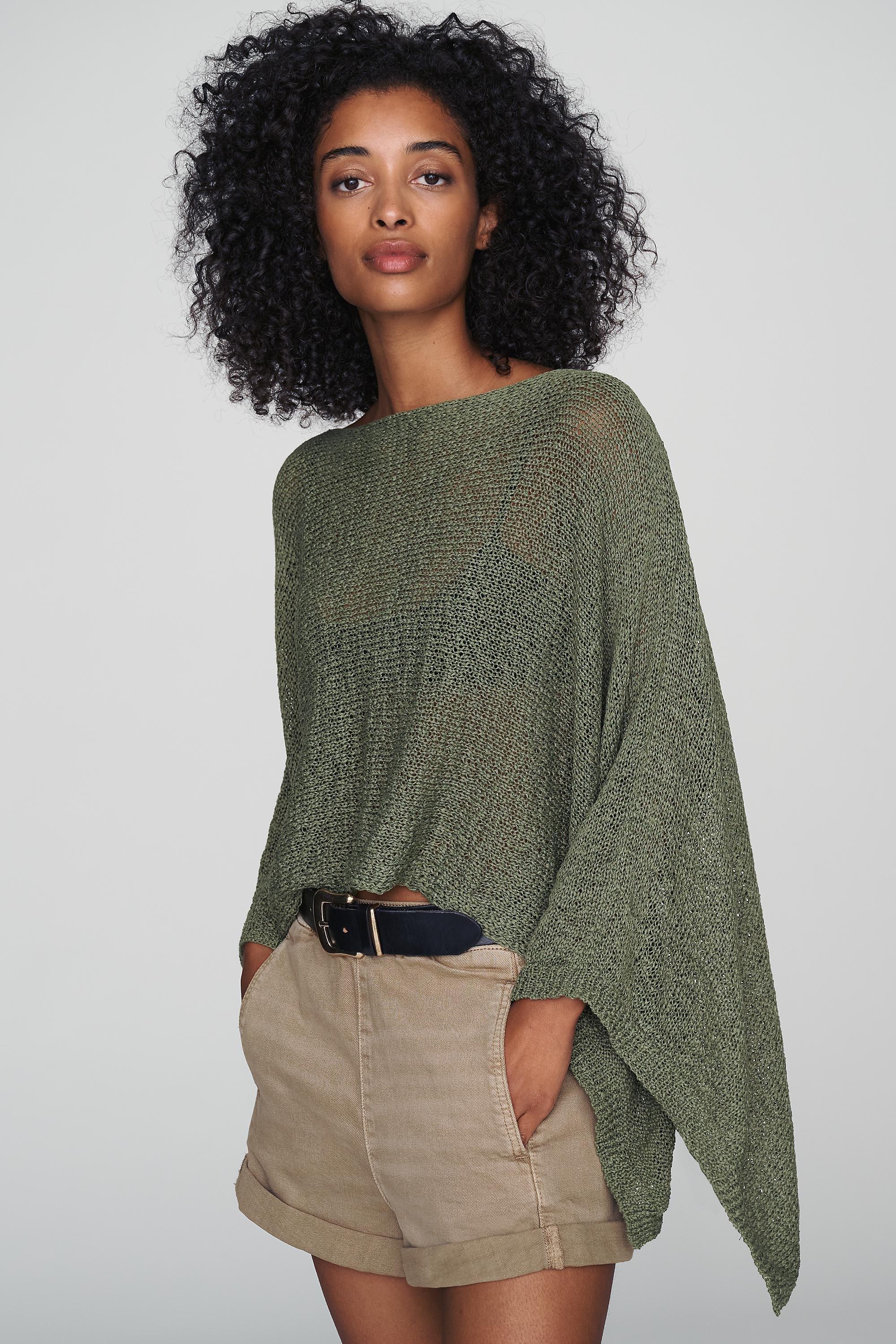 Gauze Knit Poncho, Green, Green, medium