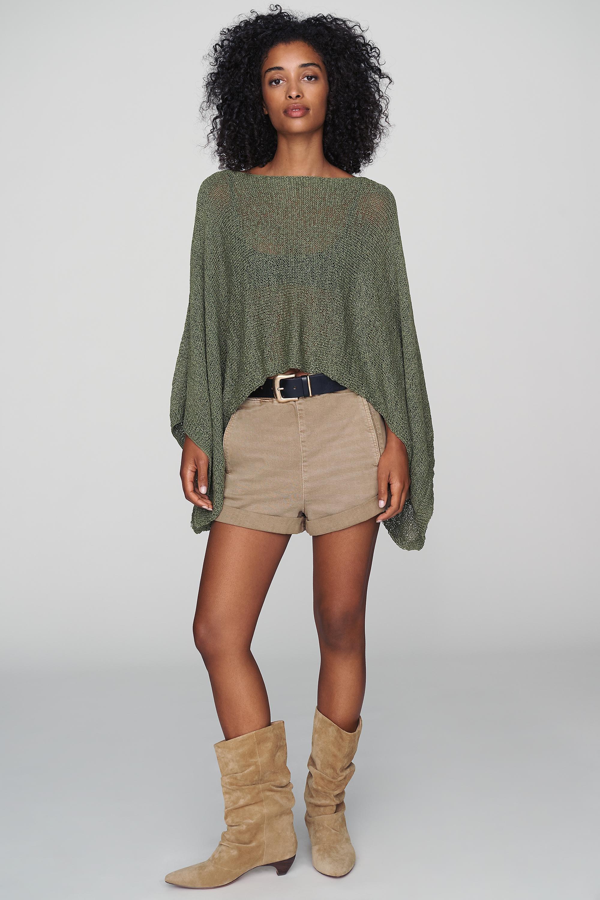 Gauze Knit Poncho, Green, Green, large image number 1