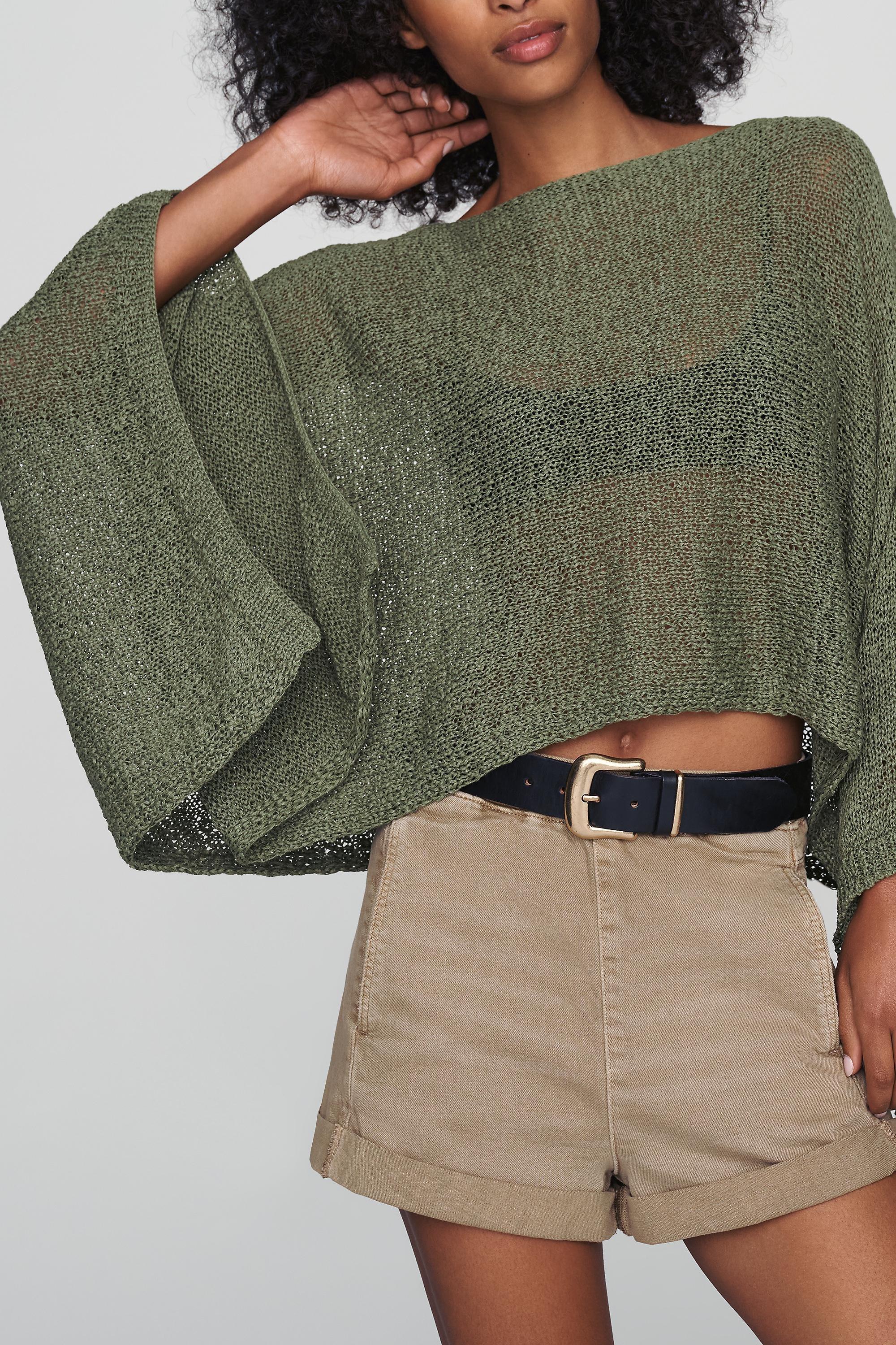 Gauze Knit Poncho, Green, Green, medium