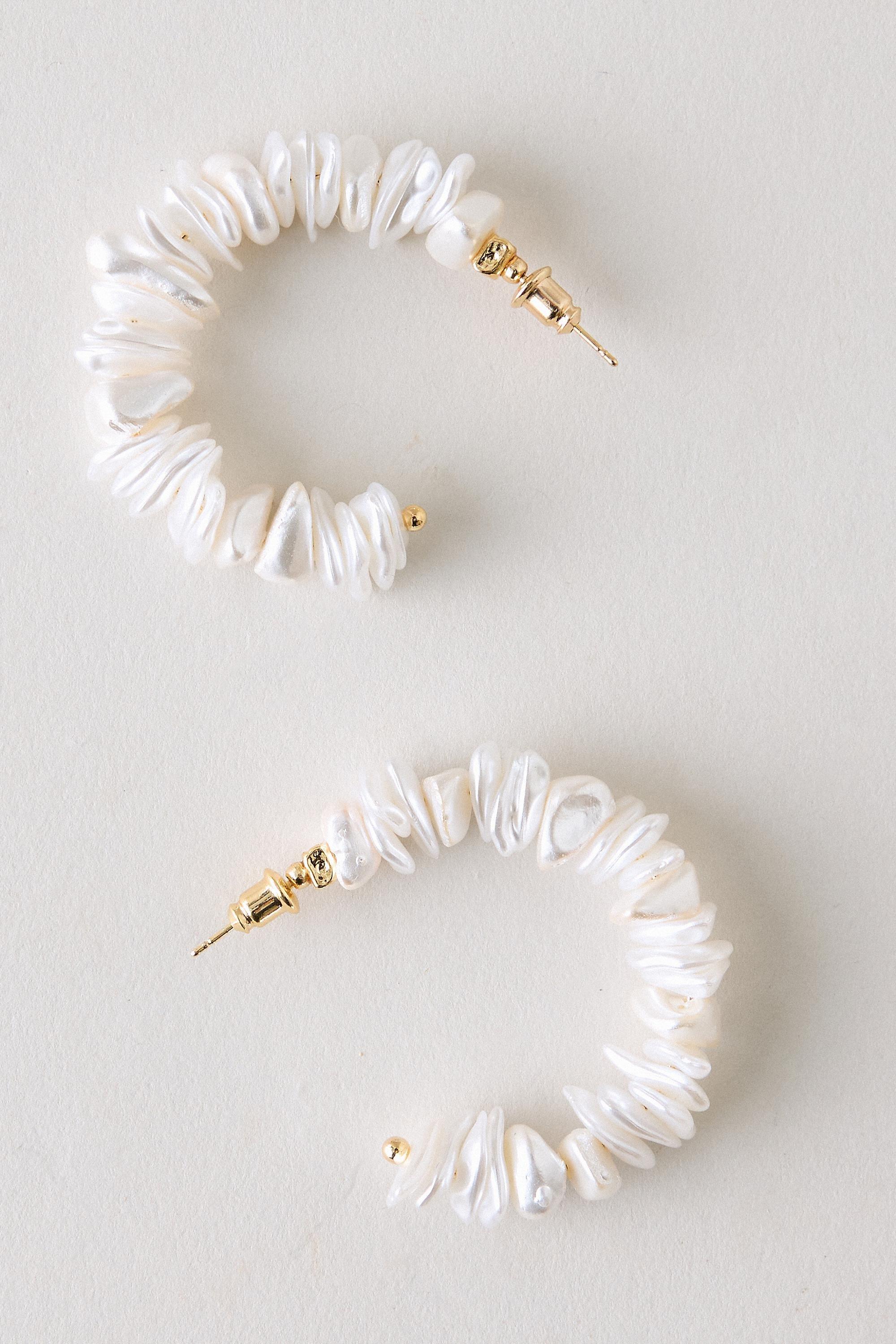 Pearl And Shell Hoop Earrings, Pearl, Cream, large image number 0