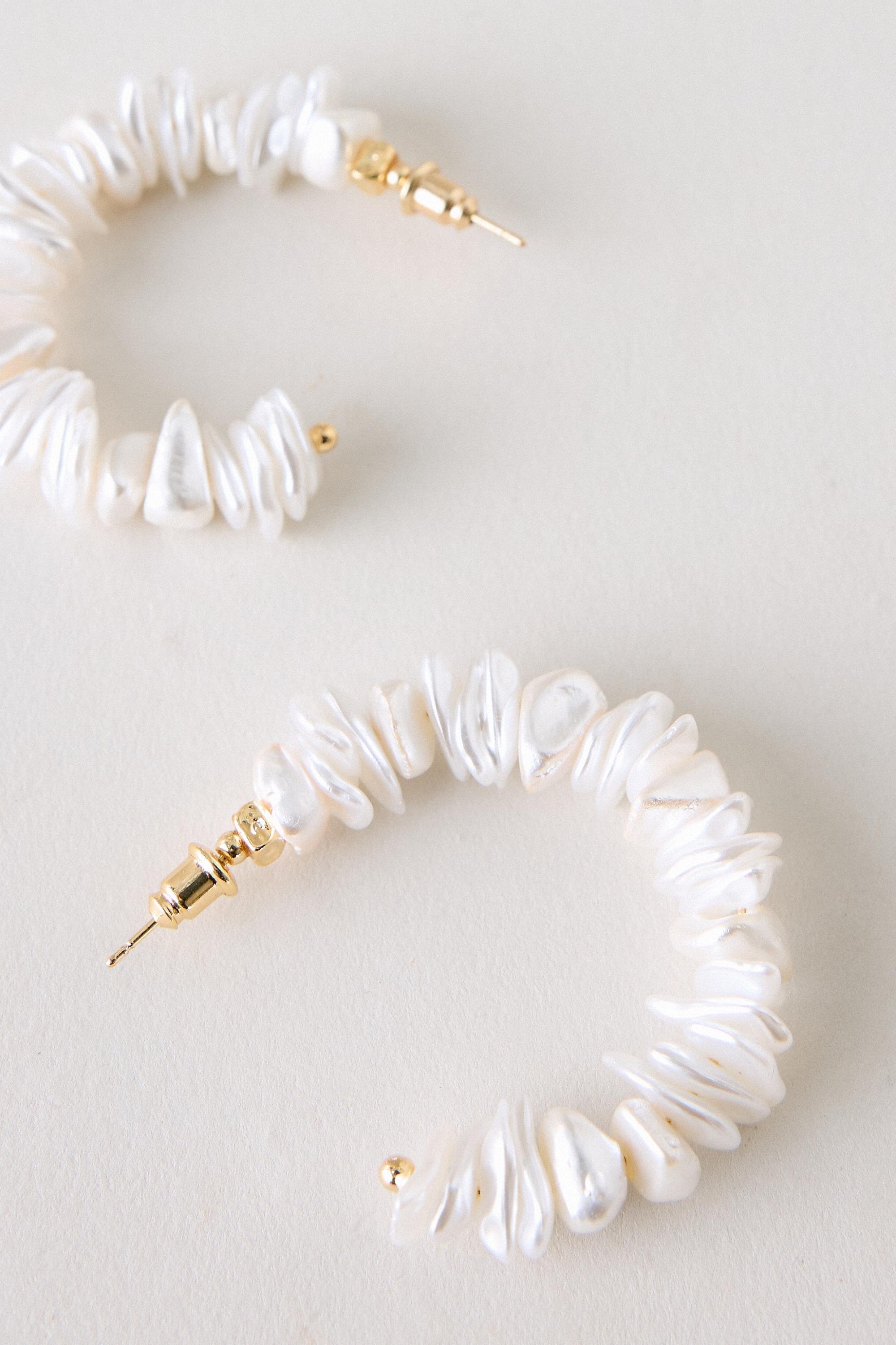 Pearl And Shell Hoop Earrings, Pearl, Cream, large image number 1