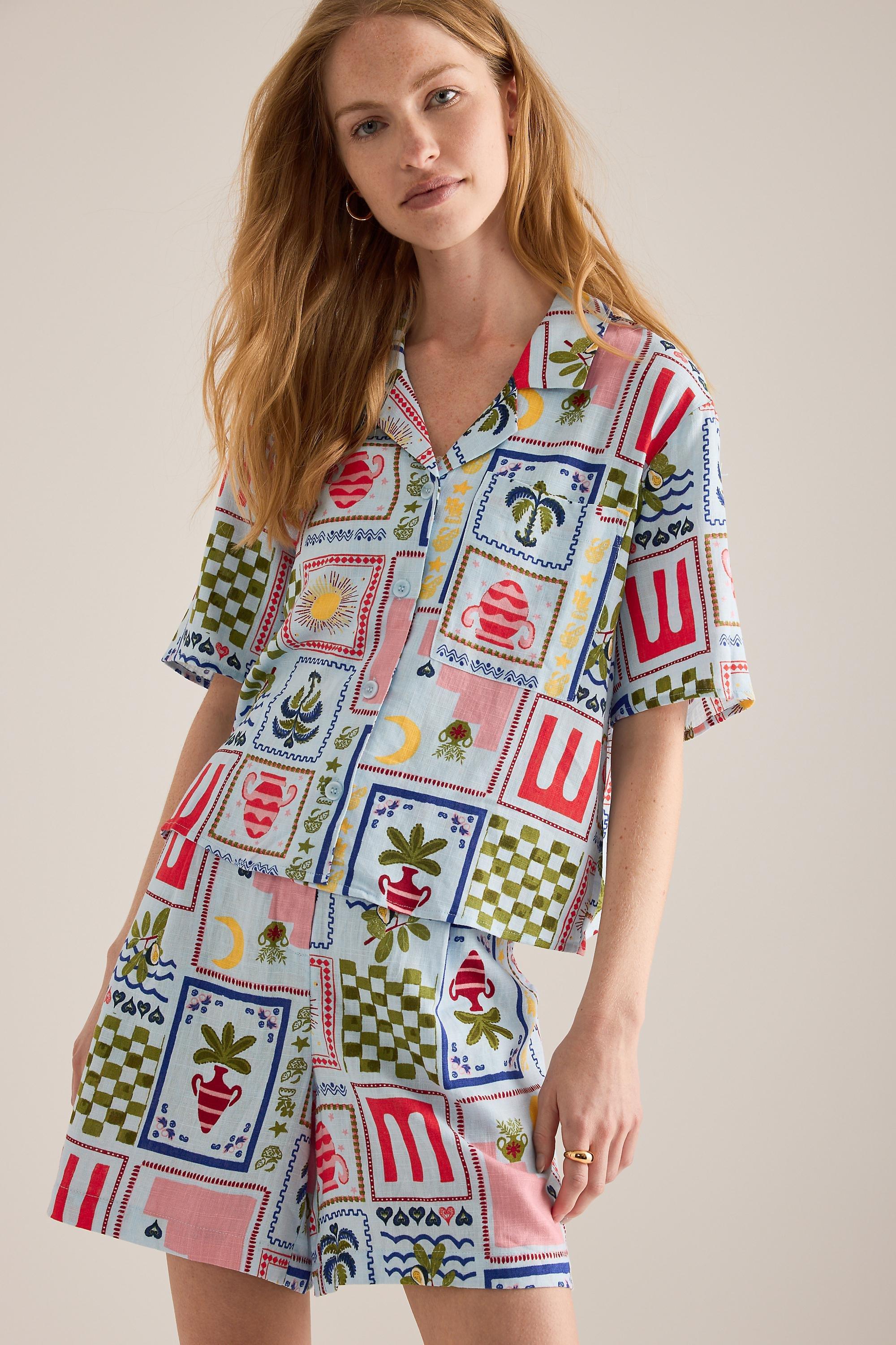 Object Edie Printed Linen-Blend Short-Sleeve Shirt, Blue Pattern, Black, large image number 0