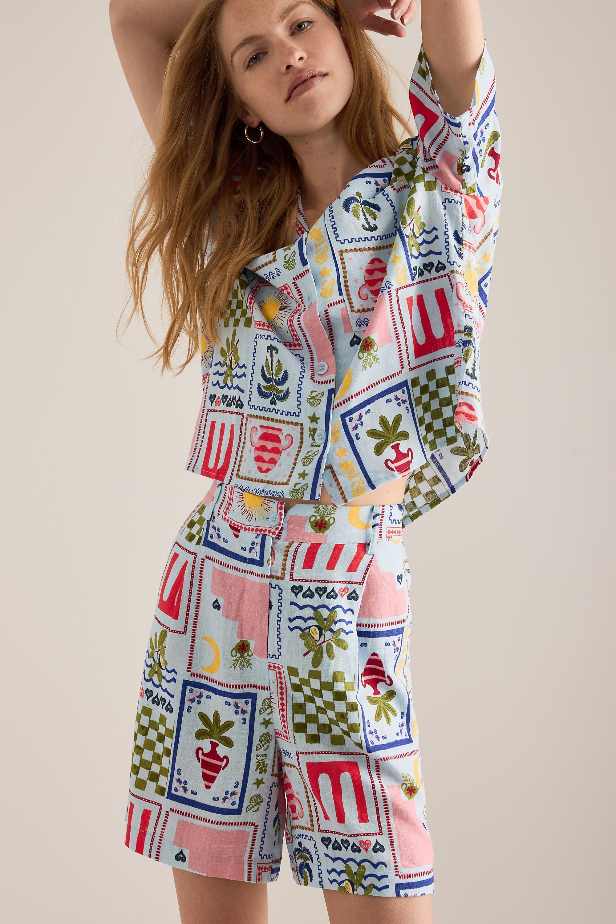 Object Edie Printed Linen-Blend Short-Sleeve Shirt, Blue Pattern, Black, large image number 1