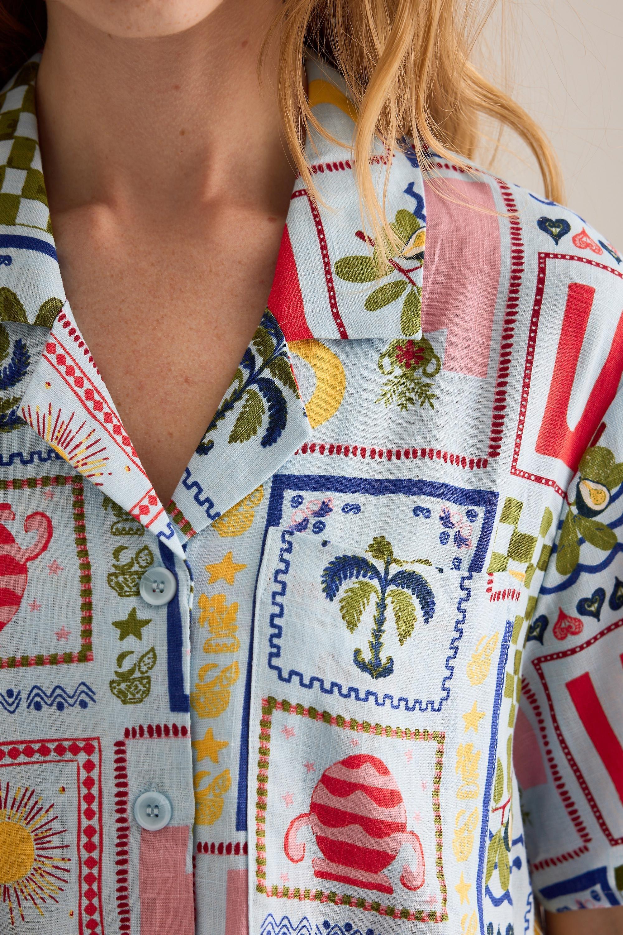 Object Edie Printed Linen-Blend Short-Sleeve Shirt, Blue Pattern, Black, large image number 2