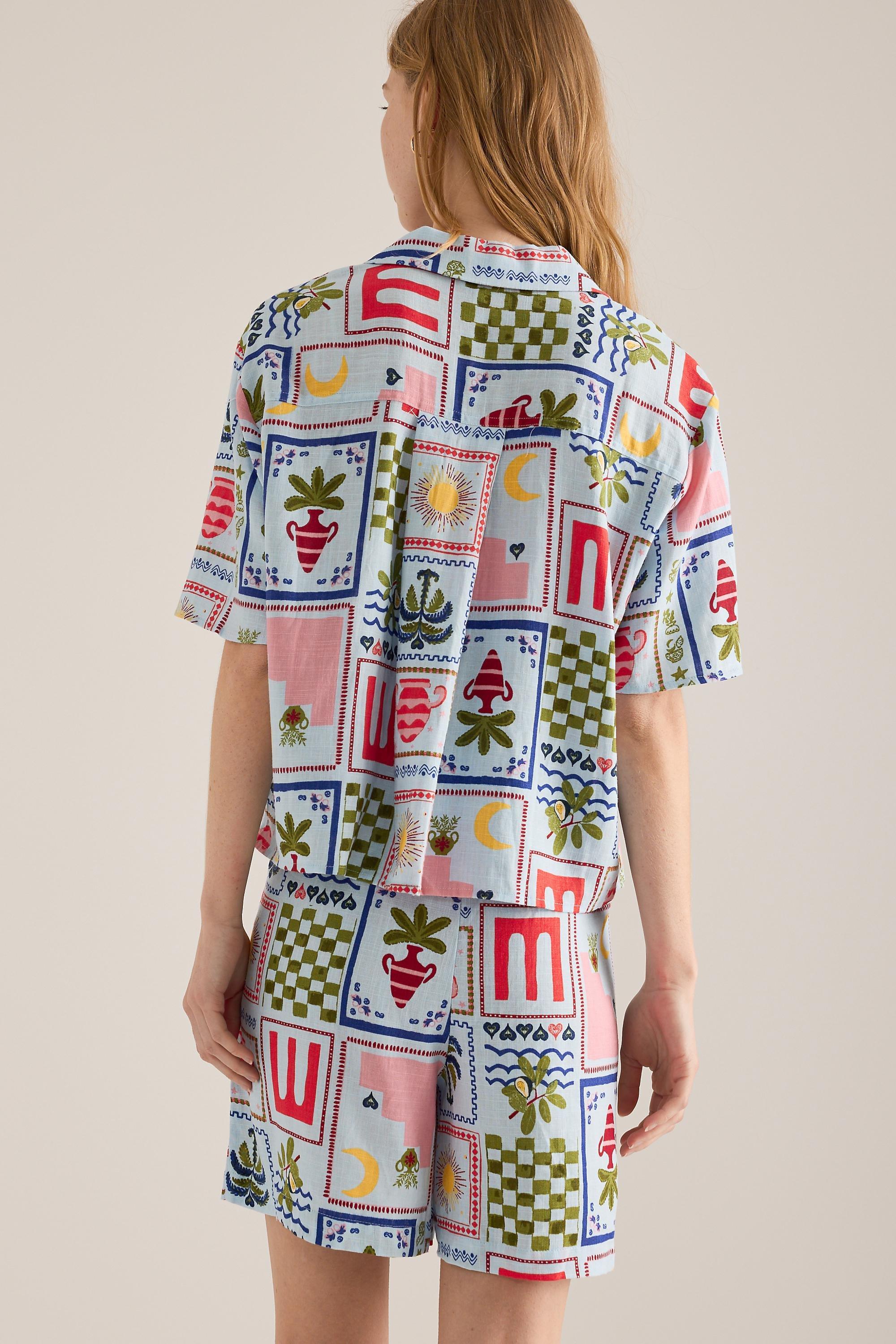 Object Edie Printed Linen-Blend Short-Sleeve Shirt, Blue Pattern, Black, large image number 3