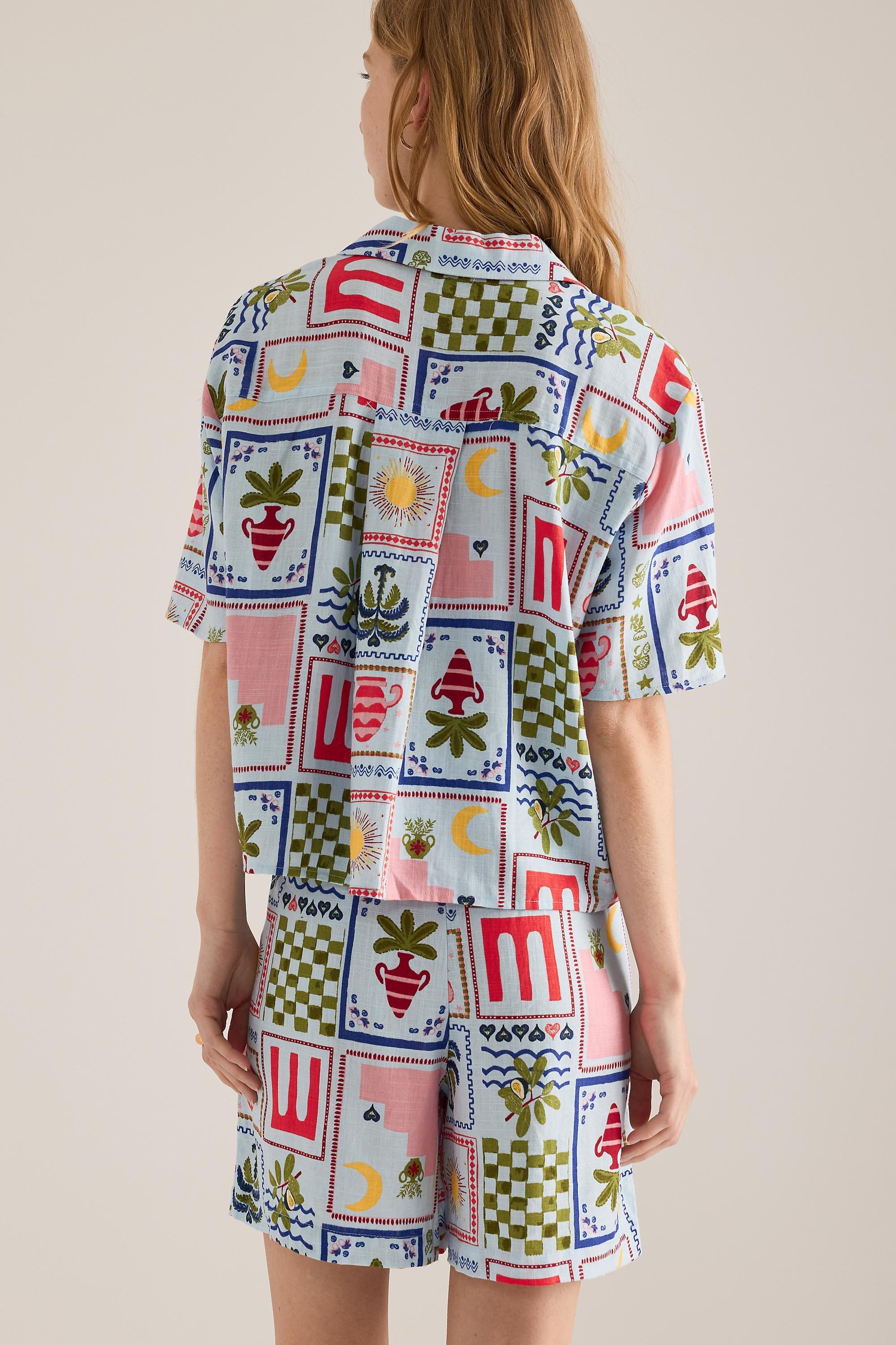 BLUE PATTERN Object Edie Printed High-Rise Linen-Blend Shorts, Black, large image number 3