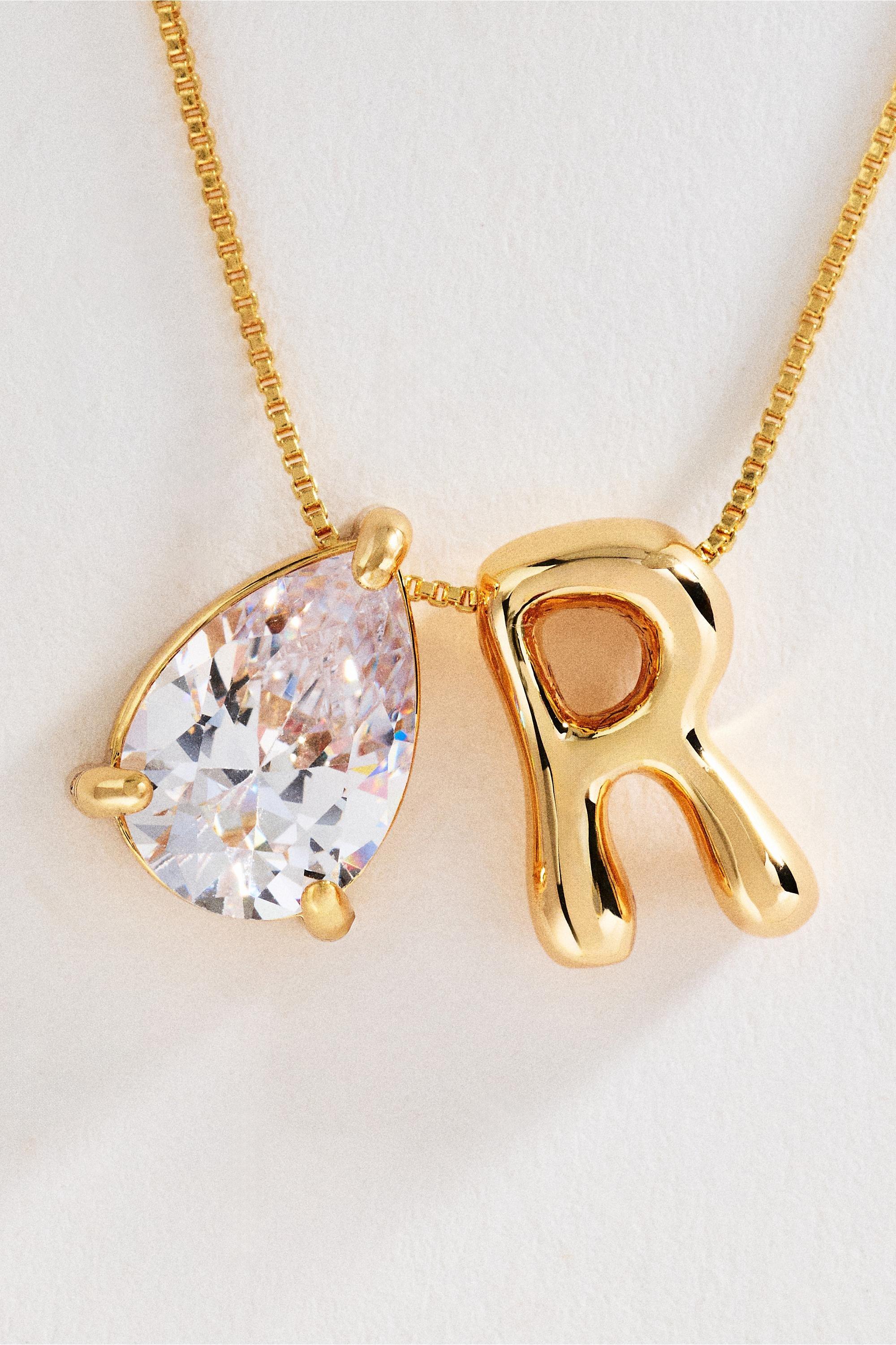 Bubble Initial And Pear-Cut Stone Necklace, Gold, Multicolour, medium