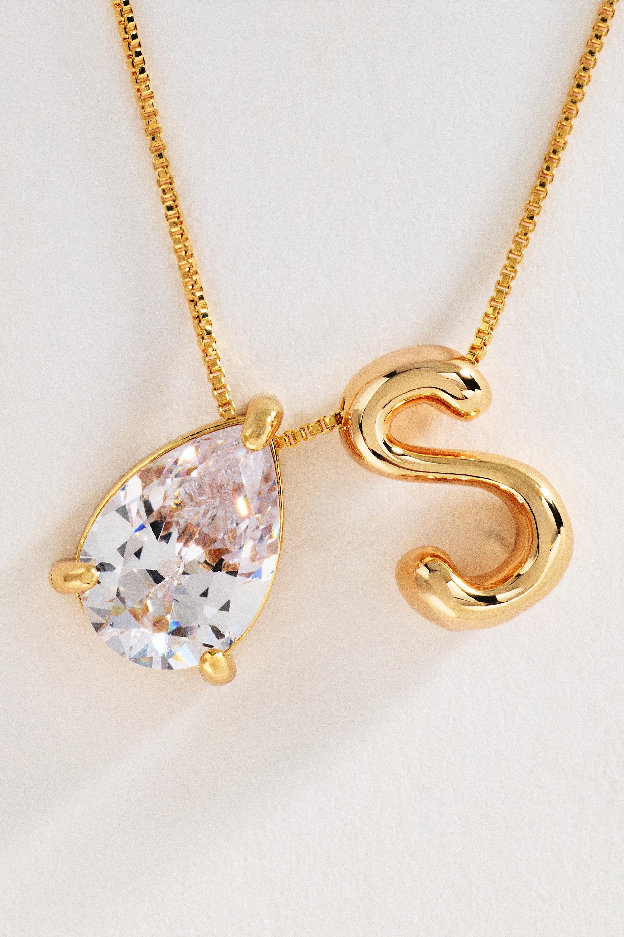 Bubble Initial And Pear-Cut Stone Necklace, Gold, Multicolour, large image number 0