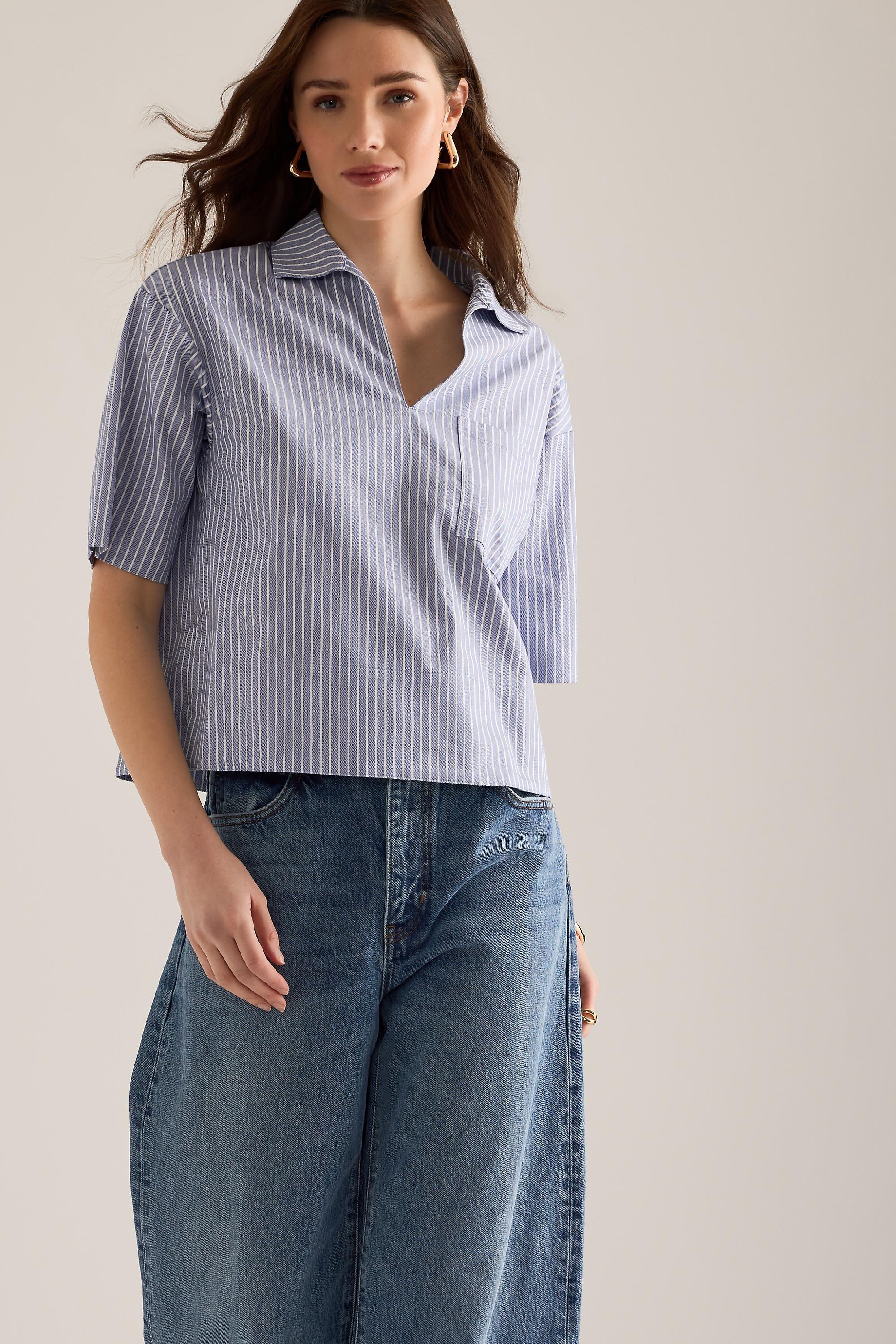 BLUE Selected Romie V-Neck Short-Sleeve Shirt, Blue, medium