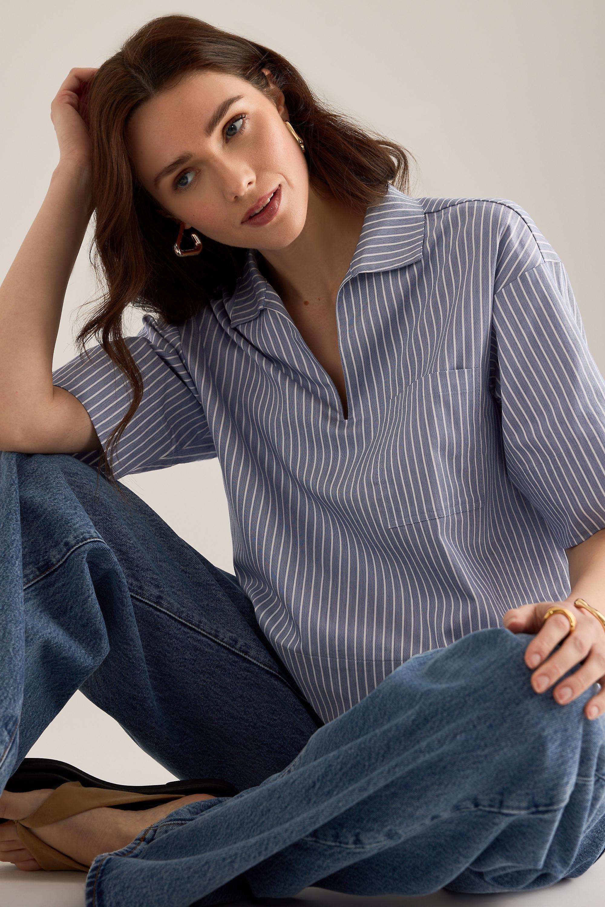 BLUE Selected Romie V-Neck Short-Sleeve Shirt, Blue, large image number 3