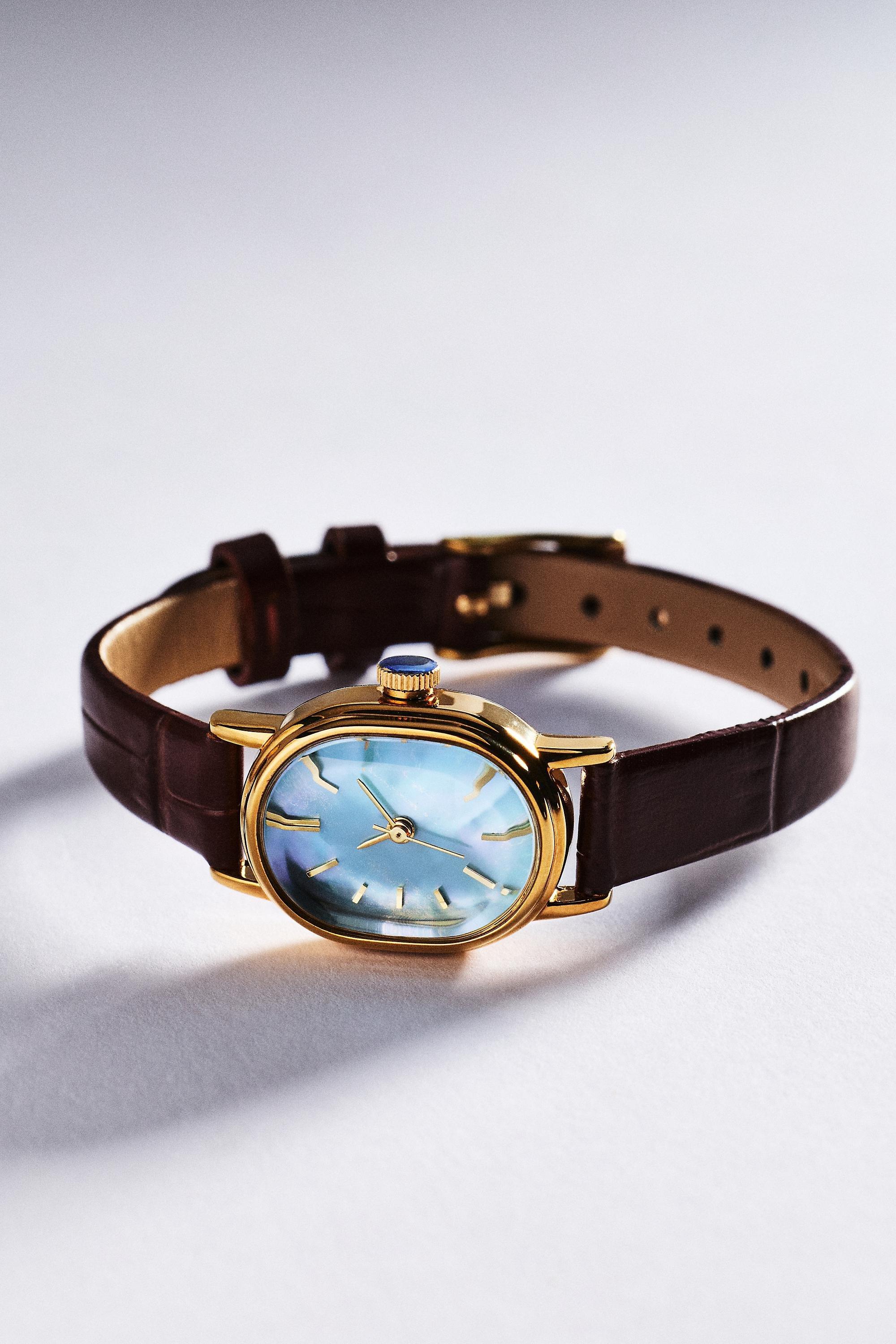 Leather Strap Watch, Brown, Brown, medium